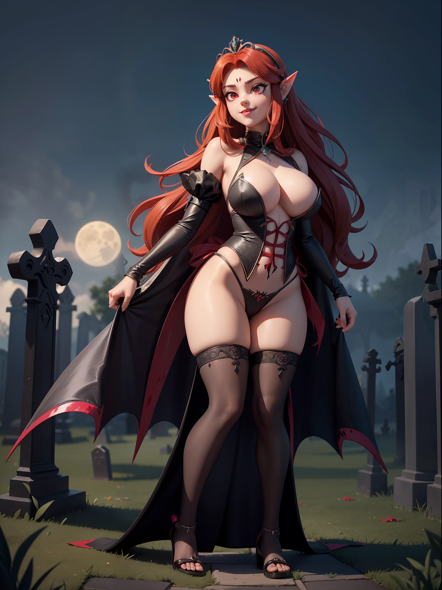 Princess Zelda Rogue, wearing extremely y black maid costume with extremely tigorts and tight on the body, extremely sensual, ((blood on the body and on the floor)), she has large bat wings, exaggeratedly large breasts, very body, looking at the viewer, smiling, doing sensual pose leaning against a tombstone, short red mohawk hair, sparkling red eyes, macabre graveyard, is at night, fog, skulls on the ground, tombstones, terrifying weather, a full moon in the sky, (((full body))), 16k, UHD, Better quality, better resolution, better detail