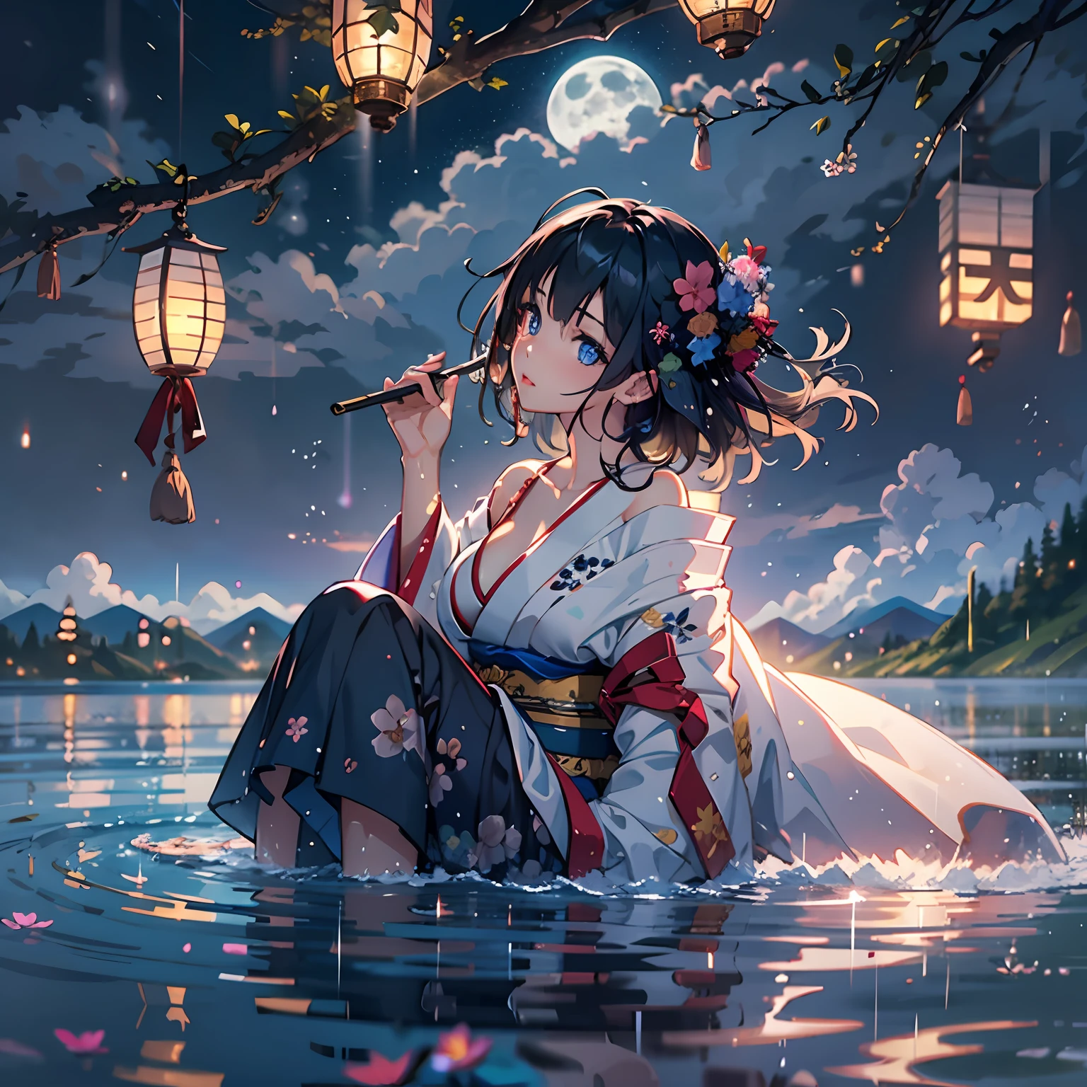 1girl, breasts, moon, lantern, night, solo, large breasts, hair ornament, wet, kimono, japanese clothes, wading, water, hair flower, flower, outdoors, sky, full moon, rain, black hair, off shoulder, mountain, cloud, holding, sash, bare shoulders, paper lantern, standing, white kimono, night sky, sideboob, obi, wet clothes, bangs, tree, from side, reflection, short hair, cloudy sky, wet hair (((masterpiece),(extremely detailed CG unity 8k wallpaper),best quality,,solo,1girl,cinematic lighting,detailed background,beautiful detailed eyes,bright pupils, (an extremely delicate and beautiful),(Beautiful and detailed eye description)， ultra-detailed,masterpiece,)),