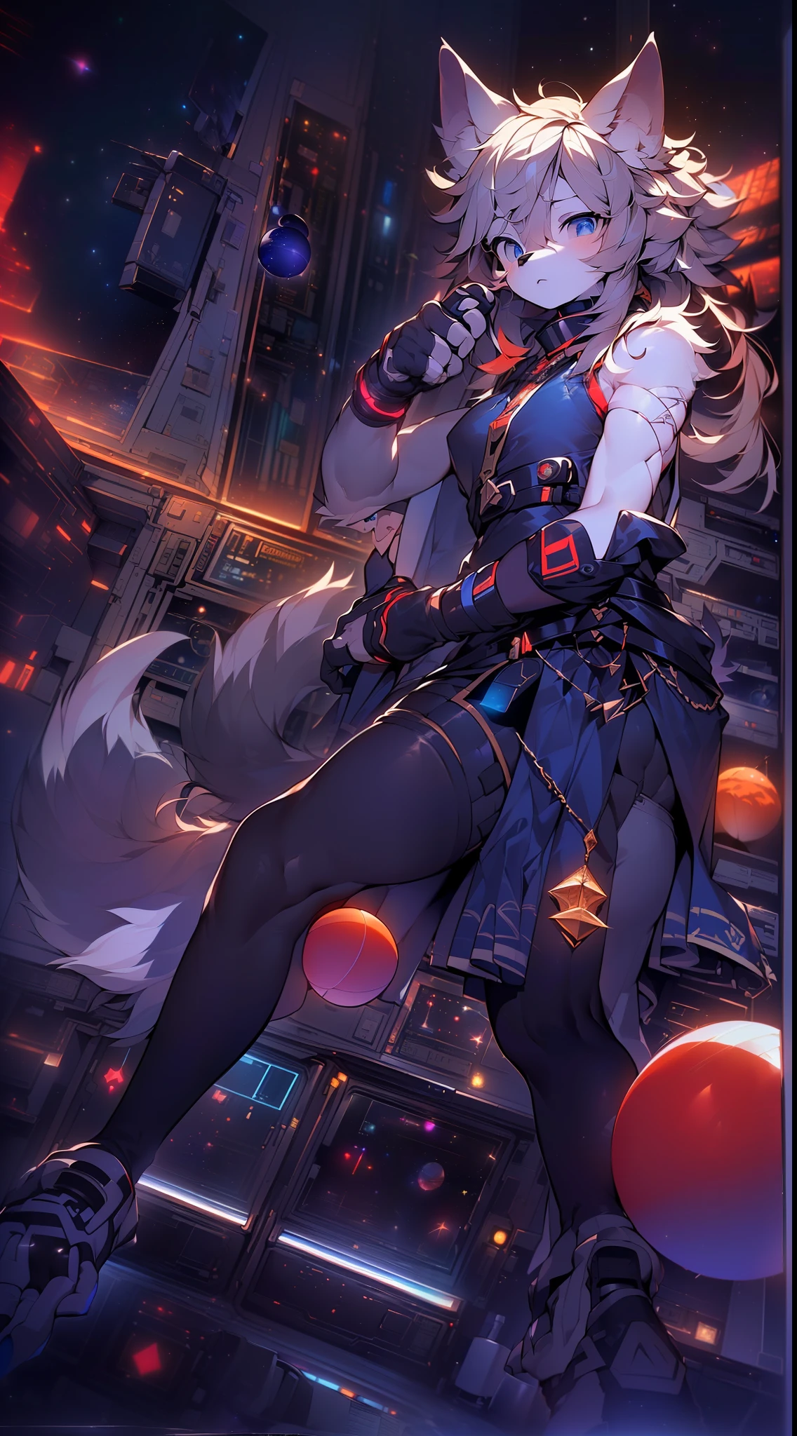 ((A wolf))，(((Handsome)))，(((Shota)))，(Fuchsia hair)，The background is one((Huge metal ball))，Ark，(((Extreme light and shadow)))，(The light from the back window is backlighted)，((((Wear black fingerless gloves))))，((((Wear black pedal stockings))))，(Blue light particles)，(((((The dark space)))))，((((Turn Back))))，(((Be red in the face)))，((Behind her is the garden))