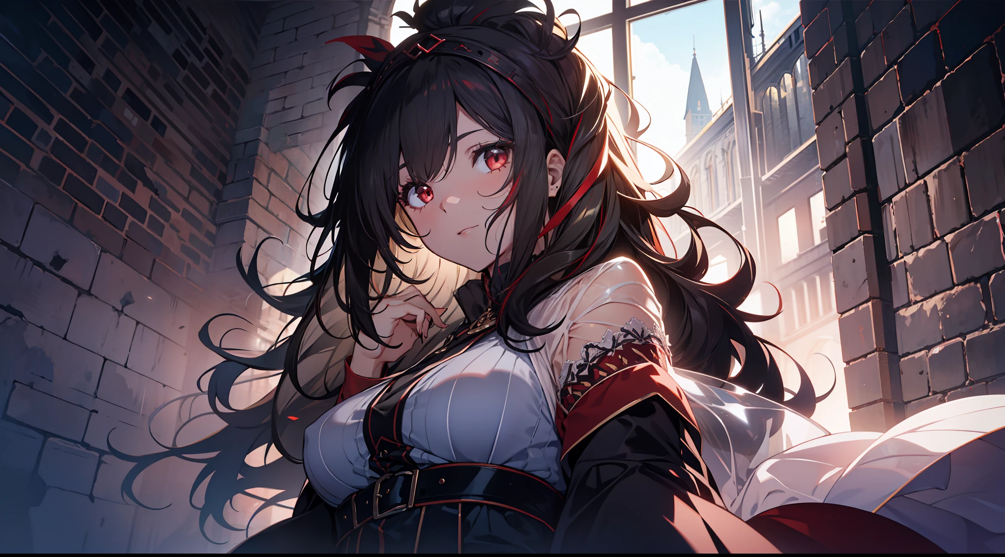 Best quality, Intricate details, color difference, 1girll, Long hair, Black hair, Messy hair, red highlights,  Red eyes, Sharp eyes, (transparent silhouette:1.2), See-through, White dress, sun skirt, Cowboy shot, wind lift, brick walls, Dim lighting，a medieval castle，mideum breasts