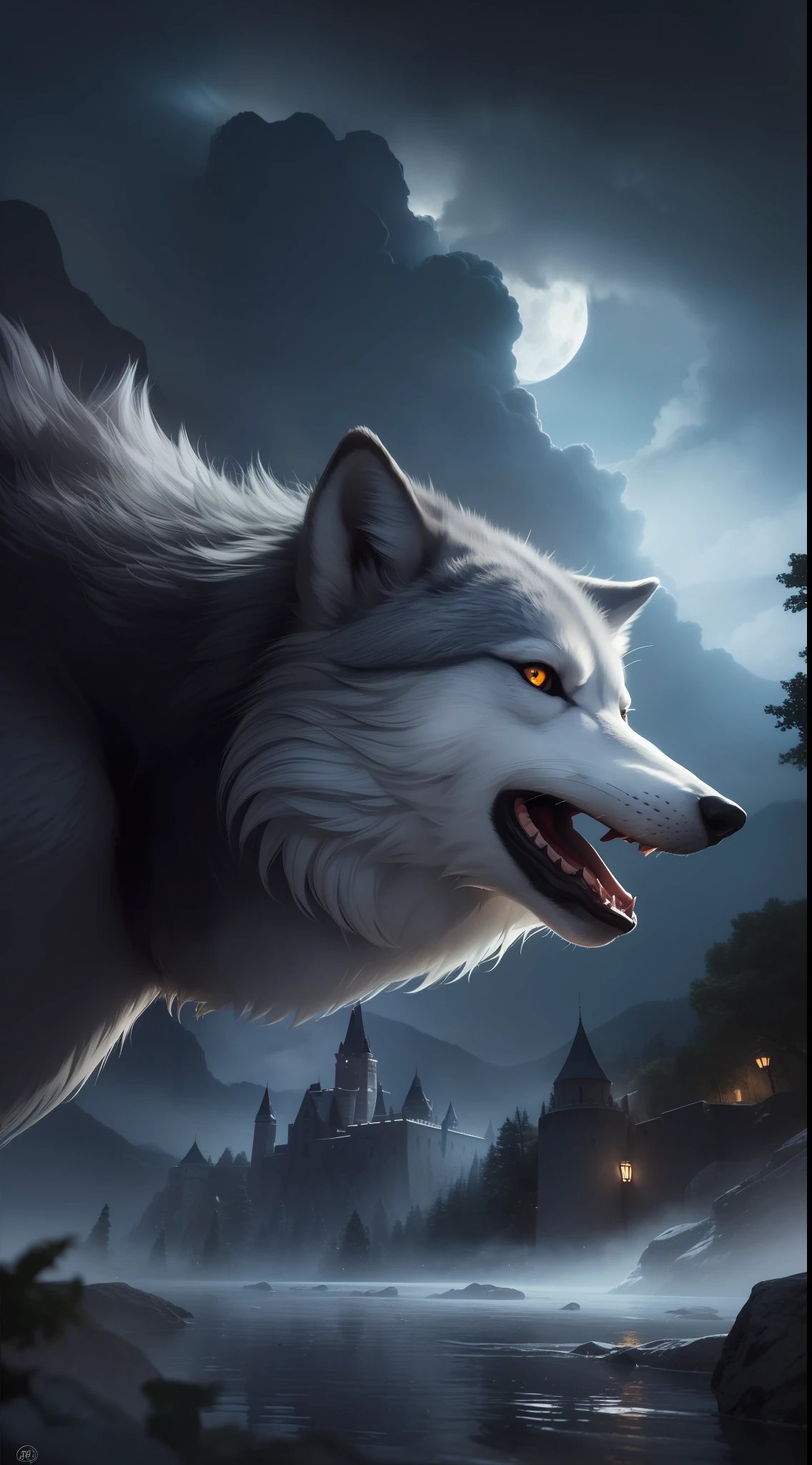 arafed, high details, best quality, 8k, [ultra detailed], masterpiece, best quality, (extremely detailed), dynamic angle, ultra wide shot, RAW, photorealistic, a picture of a wolf howling in front of a dark castle at night in the middle of a lightnning storm, [[lightninng storm]] (1.5 intricate details, Masterpiece, best quality) moon light, lake ( (1.5 intricate details, Masterpiece, best quality), big grey wolf (1.5 intricate details, Masterpiece, best quality) red eyes, glowing eyes (1.5 intricate details, Masterpiece, best quality),  castle reflection in lake  (1.5 intricate details, Masterpiece, best quality), dynamic angle, (1.4 intricate details, Masterpiece, best quality) 3D rendering, high details, best quality, highres, ultra wide angle