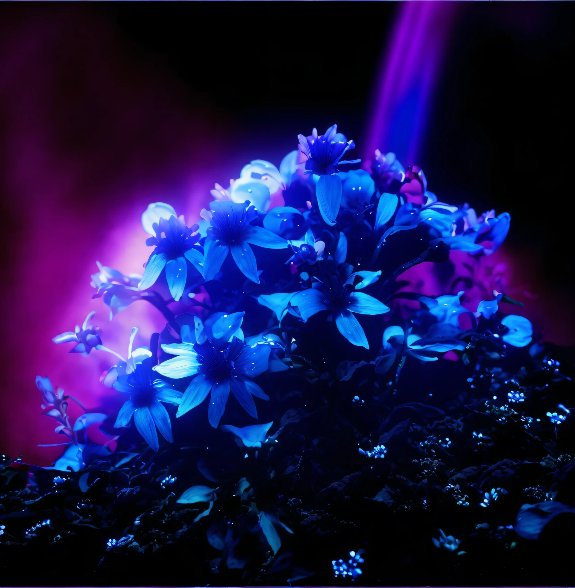 There is a close-up of a bouquet of blue flowers, mediumslateblue flowers, stella alpina flower, Blue flowers, blue flowers bloomed all over, violet polsangi, bioluminescent plants, h. hydrochaeri, crown of blue flowers, with glowing blue lights, Shot on Canon EOS R 6, Calyx forms the helmet on a black background