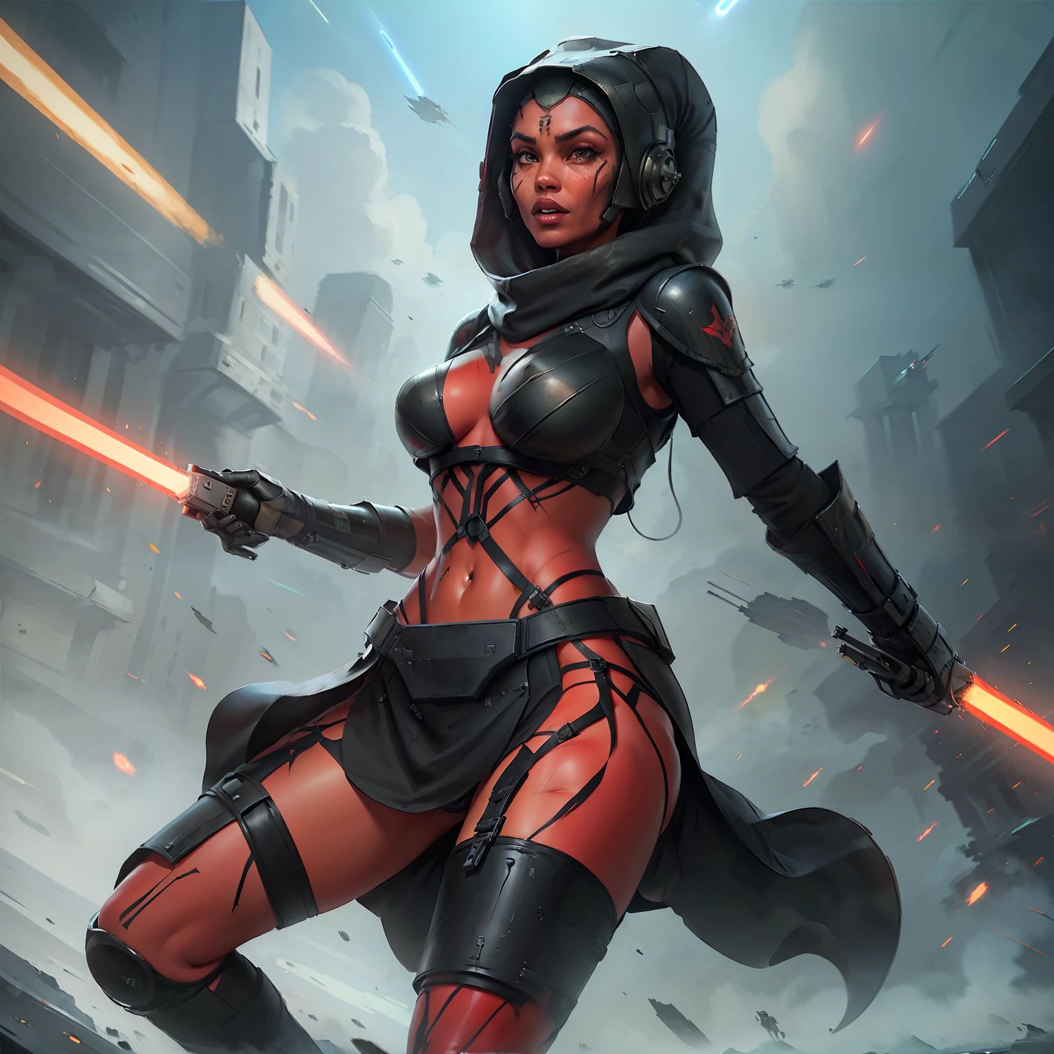 Twi'lek warrior wearing a full suit of modest black armor, ((red skin), twi'lek), Sith Warrior, dual red lightsabers, evil space knight, space ninja, (wearing black stealth armor, breastplate, tunic, tabard, cowl, cloak, body glove, straps, buckles, long skirts, long sleeves, ((armor))), (slender body, thin, athletic, long legs, toned legs), Imperial warship, Star Wars,