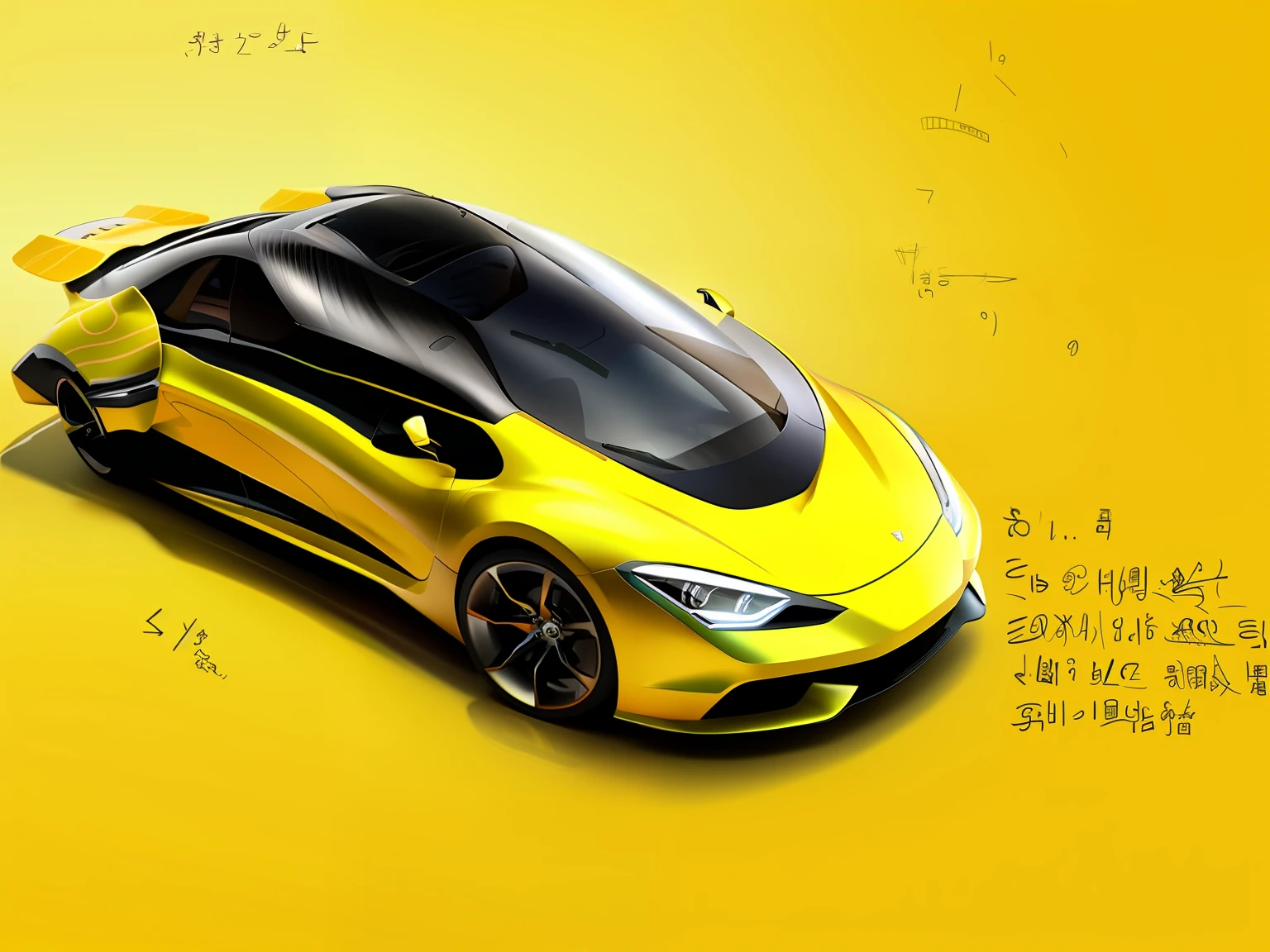Sketch of a car with yellow stripes and yellow stripes, vehicle concept photo。car design, car sketch, prototype car, drawn like the anime speed racer, concept-art,car concept art, concept car design, concept sketches, conceptual drawing, vehicle design, anime art vehicle concept art, conceptual drawing