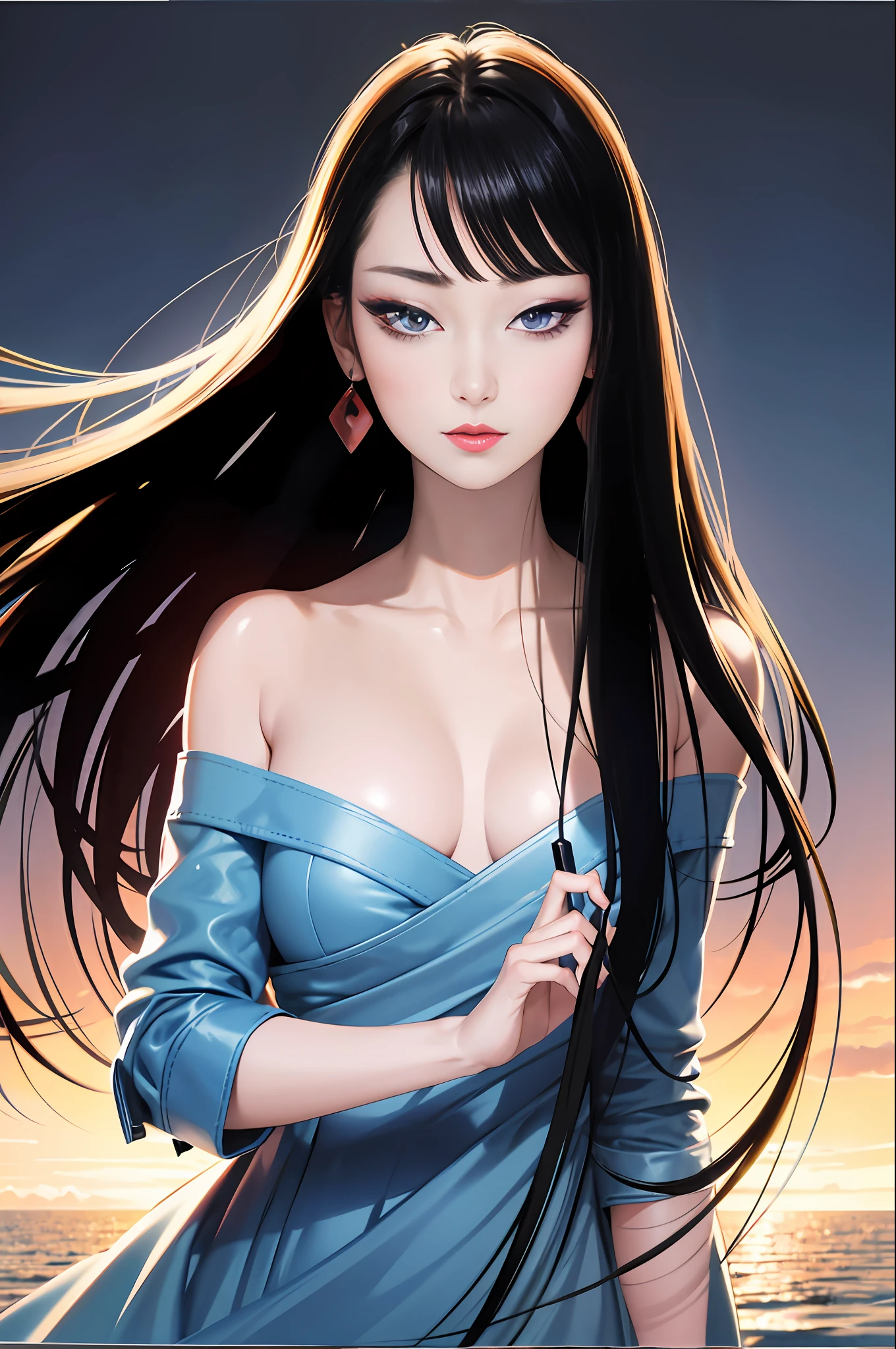 tsuruta ichiro, Narrow-eyed, 1girl in, Allback、shorth hair、brow、Reluctance、A dark-haired、Tucked Hair Solo, Cowgirl, Onepiece, ((mideum breasts)), Thin slit eyes、blue grey eyes, Black hair, gloves, Dress, Luxurious Jewelry, earrings, sharp eye、 elbow groves,Raise your hands and tie your hair back, random color, random color dress, Makeup for long eyes, Slender eyes、lip stick, Complex petal pattern, Rim Light, Back Light, pastel color,