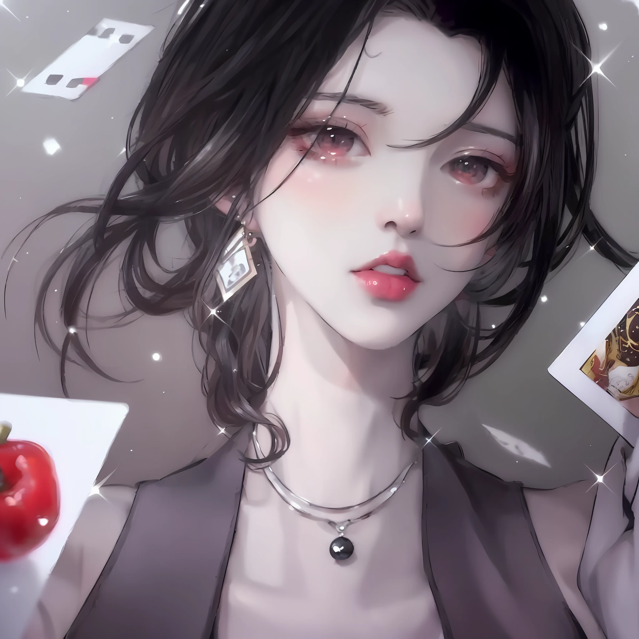 anime girl with a card in her hand and a cherry in her hand, artwork in the style of guweiz, digital anime illustration, guweiz, high quality fanart, in the art style of bowater, detailed digital anime art, realistic anime 3 d style, anime realism style, delicate androgynous prince, nft portrait, stunning anime face portrait
