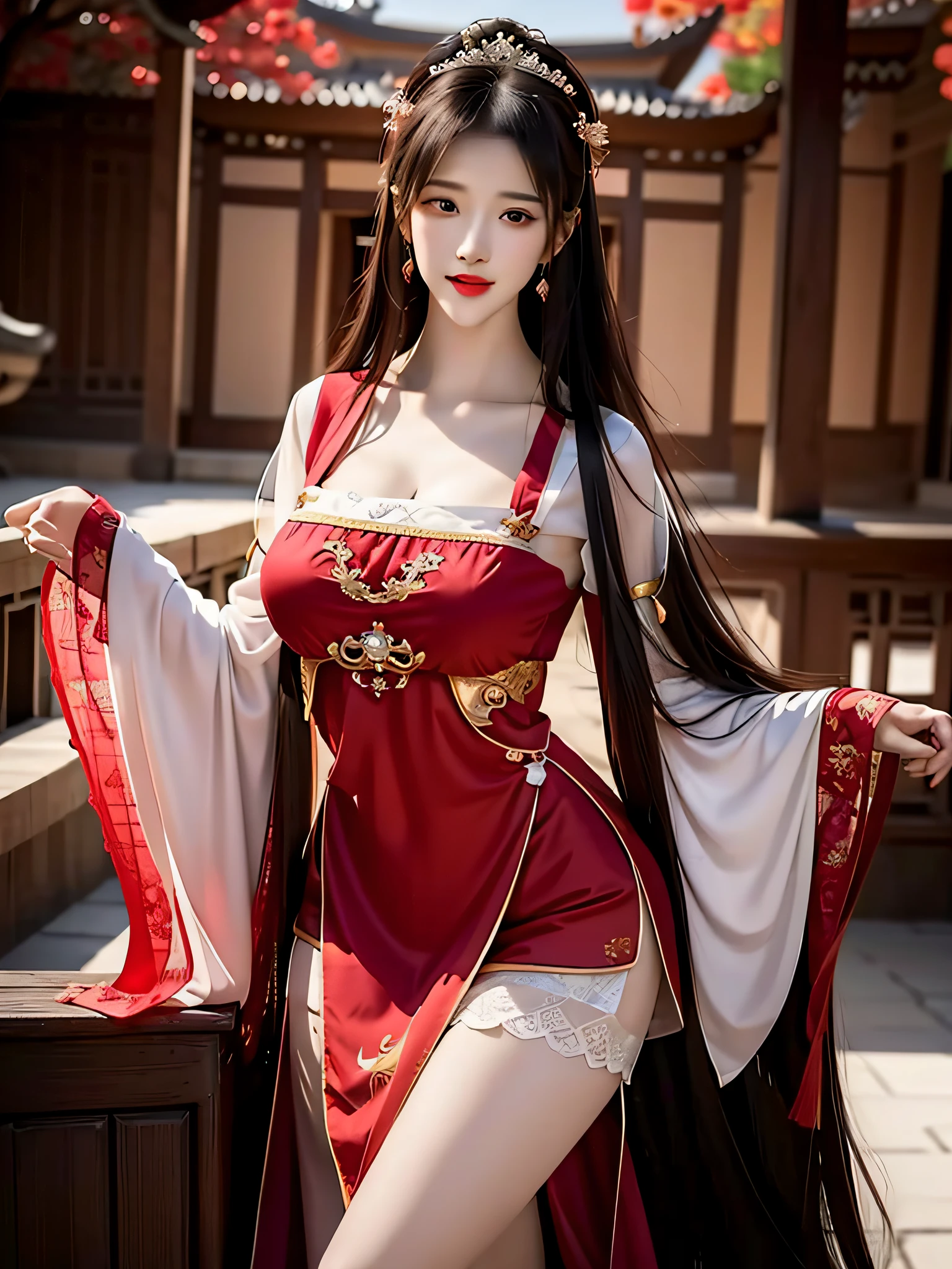 1 young empress wearing red lace top, deep-breasted nightgown, Chinese-style clothes, ancient costumes with many phoenix patterns, flawless white and pink face, crown on her head, black hair hip length, very beautiful and sharp brown eyes, small red lips, painted lips, charming smile, jewelry worn around the neck, earrings, white and even teeth, high nose, big round breasts, elongated legs, thin mesh black socks, portrait, most realistic, highest quality, best pixels, 8k ultra,