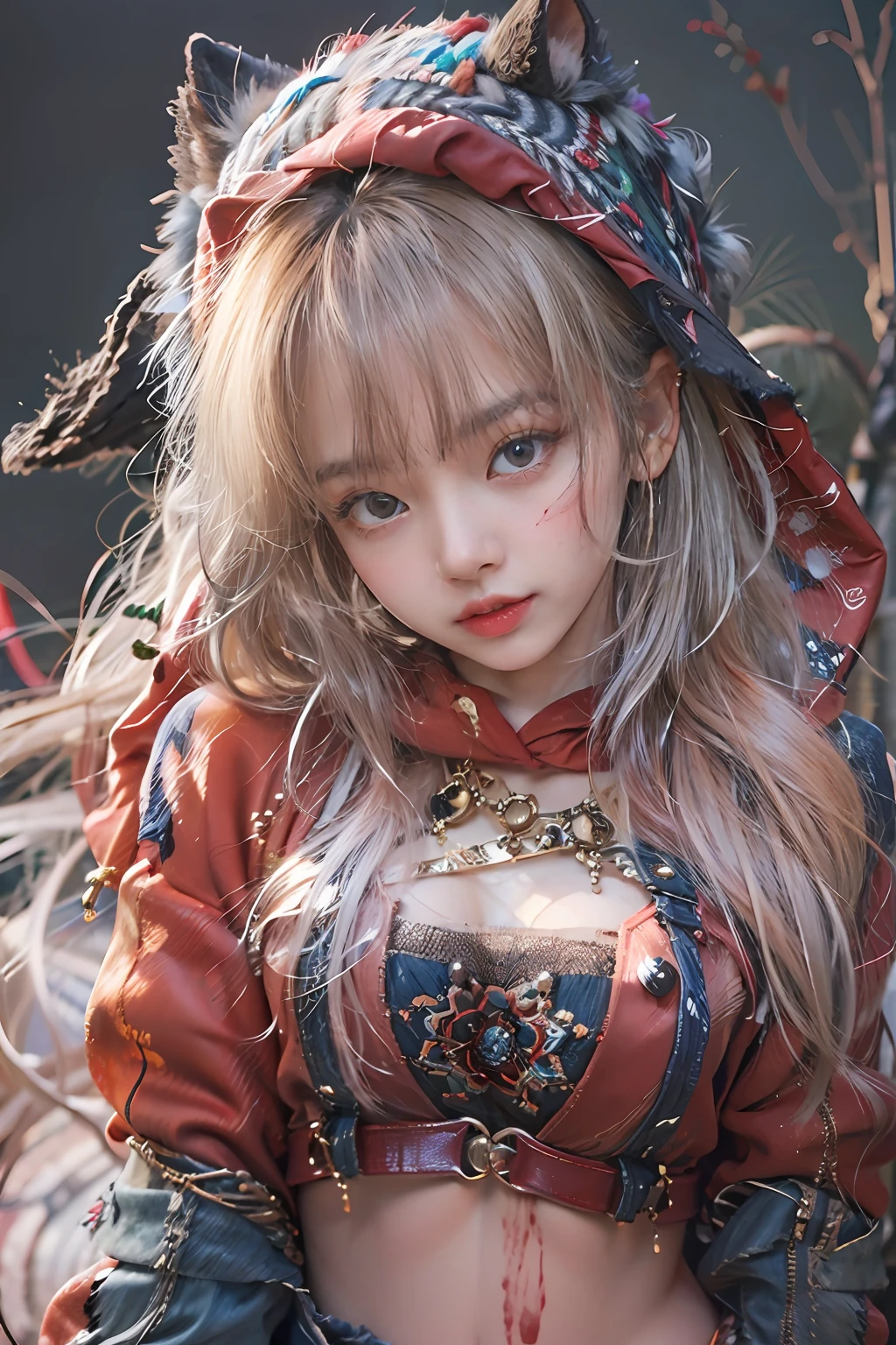 artstation original character, (masterpiece, Extremely detailed CG unity 8k wallpaper, best quality, highres:0.8), (ultra_detailed, UHD), perfect illumination, distinct, (1girl:1), (bishoujo:1.2), looking at viewer, cant be this cute, vivid color, (long hair, messy hair), unreal engine, (upper body, from front:1.2), sidelighting, perfect face, detailed face, bangs, lipstick, perfect body, beautiful eyes, pretty face, medium-large breast, (shiny skin:1.4), young girl, (hair ornament), (background(blood):1.1), hood,sweatshirt,long denim pants,Red eyes