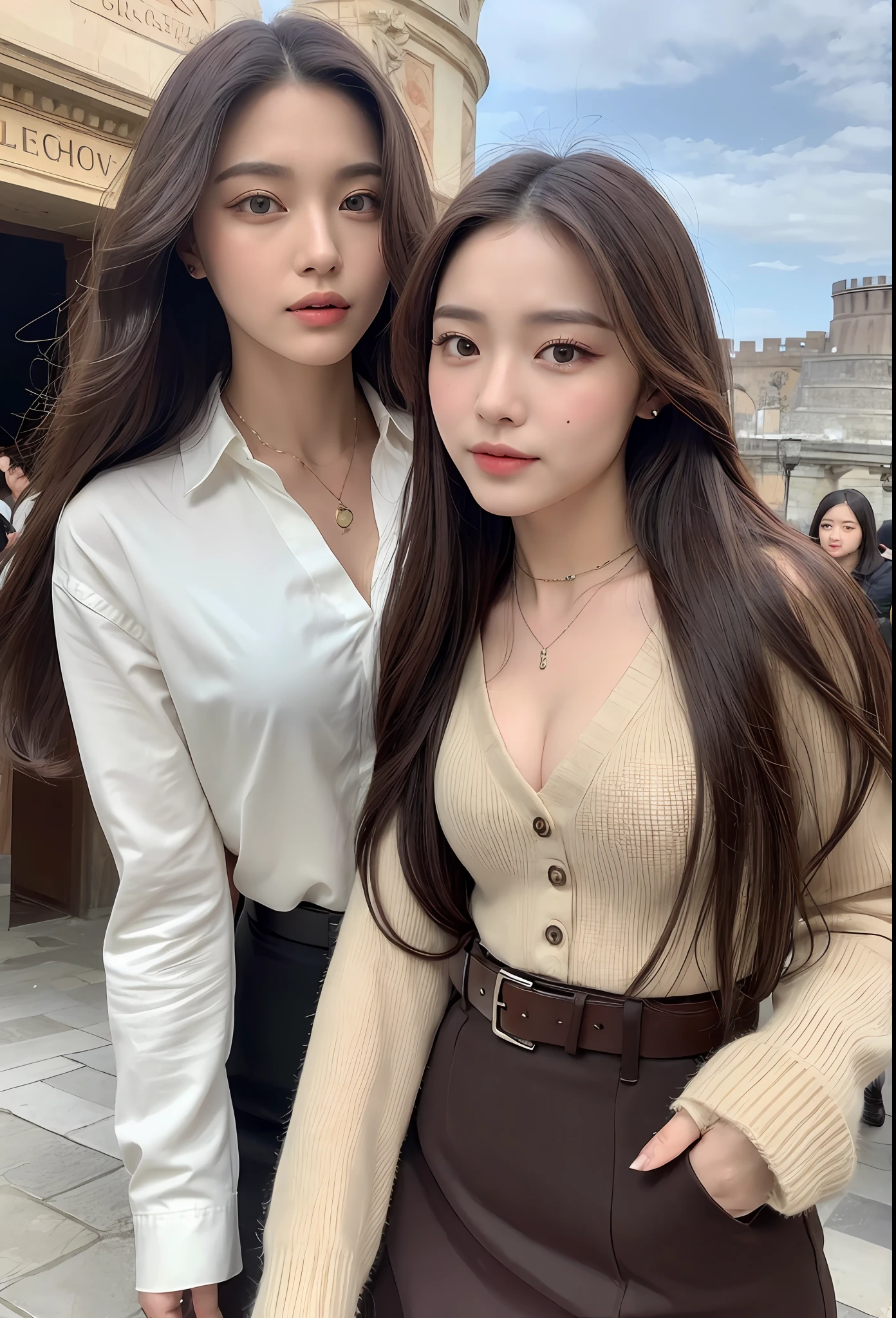 (Best quality, High resolution, Masterpiece :1.3), 2 tall and pretty women,duo,on the Castel Sant'Angelo of Roman,navel,winter,snow,crowd,Slender abs, Dark brown hair styled in loose waves, Breasts, Wearing pendant, White button up shirt, Belt, Black skirt, Details exquisitely rendered in the face and skin texture, Detailed eyes, Double eyelid