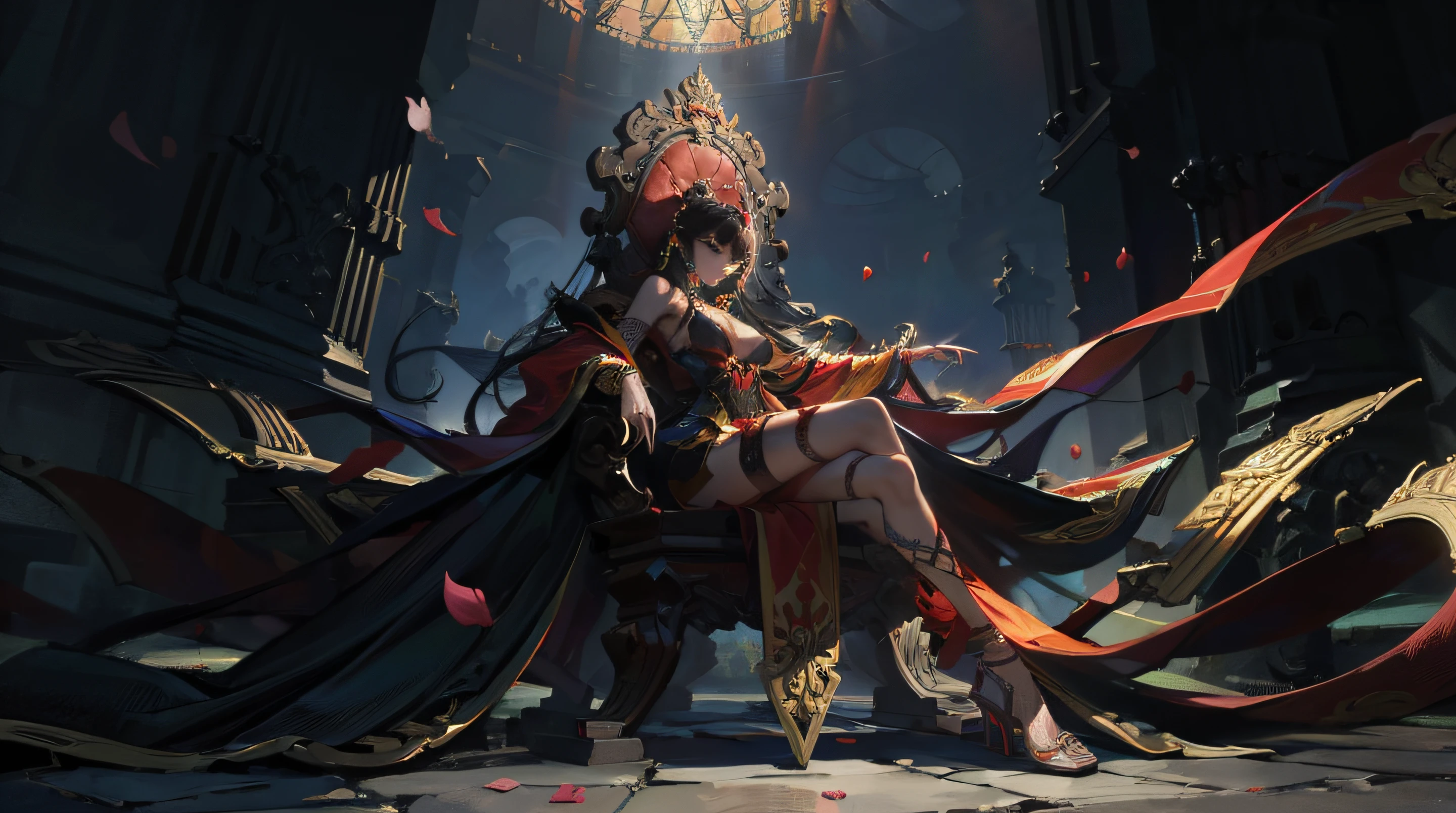 (8k, highres, official art, masterpiece, best quality:1.2),depth of field, brutalist designed, extreme detailed, (fractal art:1.3), colorful, (zentangle, mandala, tangle, entangle), 1girl, jewelry, solo, earrings, very long hair, thigh strap, tattoo, sitting, looking at viewer ,(red ribbon), anklet, thighlet, (floating petals:1.2), middle breasts, full body, close-up, well-built, red colored inner hair, black hair, (dynamic angle: 1.2), crossed legs, bare shoulders, cleavage, on throne, black dress, relic, esoteric, mysterious, from below, dark theme,