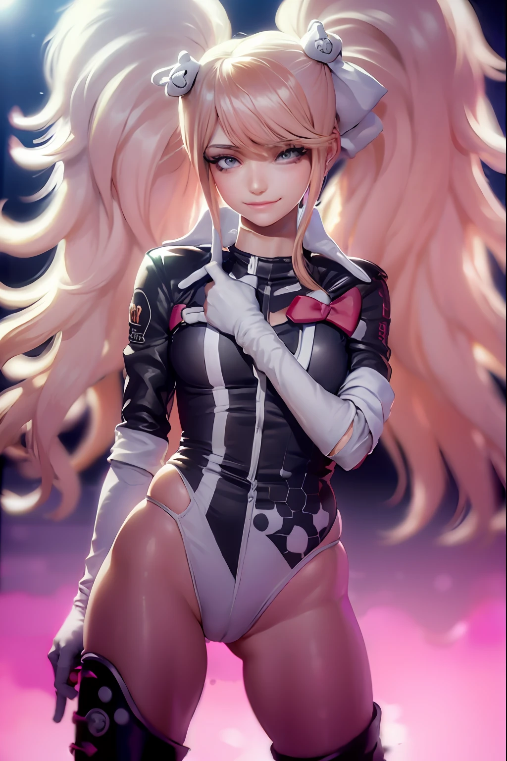 (solo), (a detailed full body RAW photo of a girl), (masterpiece:1.0), (best quality:1.4), (ultra highres:1.2), (photorealistic:1.4), 8k resolution, Canon EOS R5, 50mm, absurdres, ultra detailed, (18yo), sharp focus, cinematic lighting, detailed beautiful face, (heavy makeup), (ulzzang-6500-v1.1), petite figure, detailed skin texture, pale skin, flat chest, (pale nipples:0.5), (skinny and fit body:1.3), thigh gap, detailed long blond hair, messy hair, (Avril Lavigne:0.7), smiling, (futuristic fashion, streetwear, high-tech fabrics, racing suit, fireproof material, elbow and knee pads, racing gloves:1.1), contrapposto, (Kpop idol), (azur lane\), cityscape, outdoors, ((white+pink theme)),