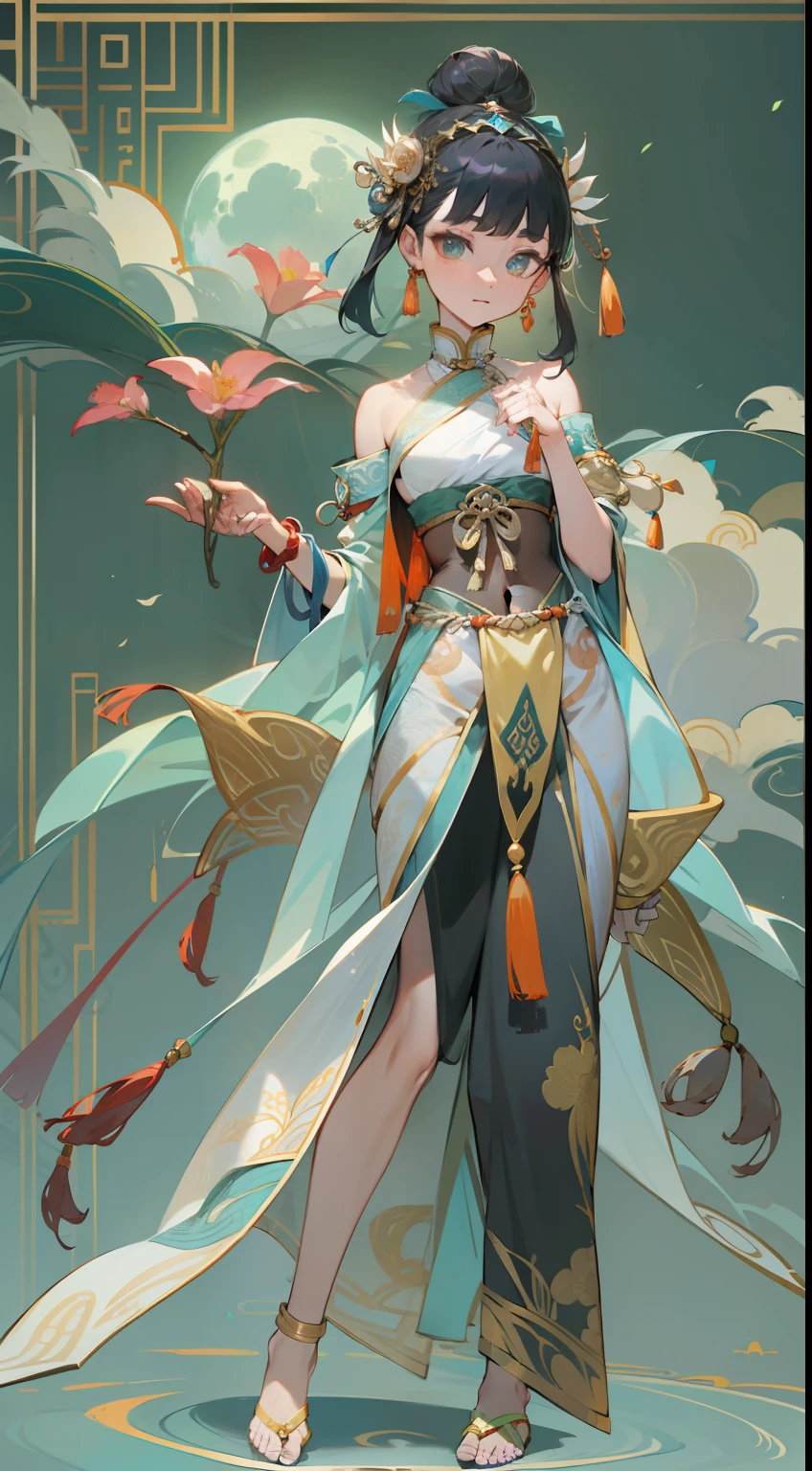 An ancient Chinese beauty，Dance，The ornate costumes are embroidered with intricate embroidery，A long transparent colored streamer is tied around the arm，flowy，Open navel，cropped shoulders，Bare neck，Yingluo，Black coiled hair bun hairpin hairband，The armband is tied with a streamer，Bracelet，Anklets，A metal chain tassel is tied around the waist，Full moon pattern on background（1.2），Mogao Cave Art，Inspiration for the Dunhuang flying mural，water ink，exquisit facial detail，Meticulous facial features，Holding a flower branch in his hand，CGstation is popular --v 6