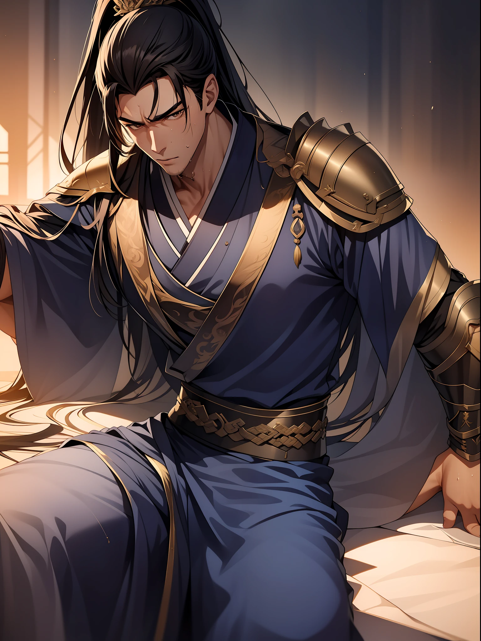 quadratic element,style of anime,1 man(Male Warrior),musculature,The proportions are correct,Face details,swordsmen,High ponytail hairstyle,perspired,Sweat on the face,drools,Neck details,There is an Adam's apple,Get wet,Drenched,Black Hanfu,kaftan,Embroidered robes,Black robe,clothes details,Handing over,longer sleeves,Game quality,Swordsmanship,Light and shadow tracking,Ray traching,detailed glow,cg render,hair detail,cabelos preto e longos,Golden eyes,Sweat on the face,Handsome,Handsome,Beads of sweat slipped down my neck,(juvenile sense),Clothing is complicated,Drenched,Get wet,Perfectcomposition,Refinement,high qulity,higher details,Lots of details,The background is complex,a sense of atmosphere,
