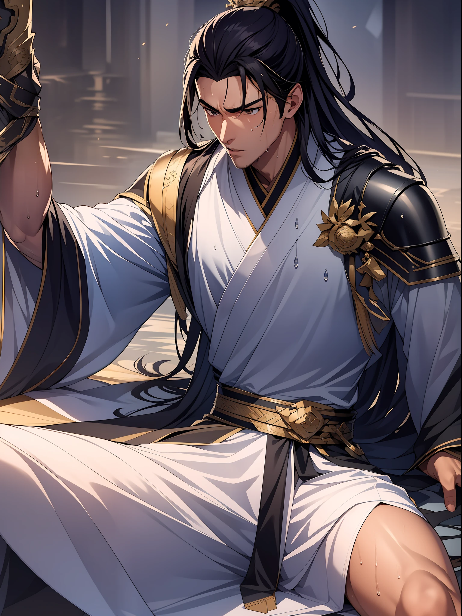 quadratic element，style of anime，1 man（Male Warrior），musculature，The proportions are correct，Face details，swordsmen，High ponytail hairstyle，perspired，Sweat on the face，drools，Neck details，There is an Adam's apple，Get wet，Drenched，Black Hanfu，kaftan，Embroidered robes，Black robe，clothes details，Handing over，longer sleeves，Game quality，Swordsmanship，Light and shadow tracking，Ray traching，detailed glow，cg render，hair detail，cabelos preto e longos，Golden eyes，Sweat on the face，Handsome，Handsome，Beads of sweat slipped down my neck，（juvenile sense），Clothing is complicated，Drenched，Get wet，Perfectcomposition，Refinement，high qulity，higher details，Lots of details，The background is complex，a sense of atmosphere，