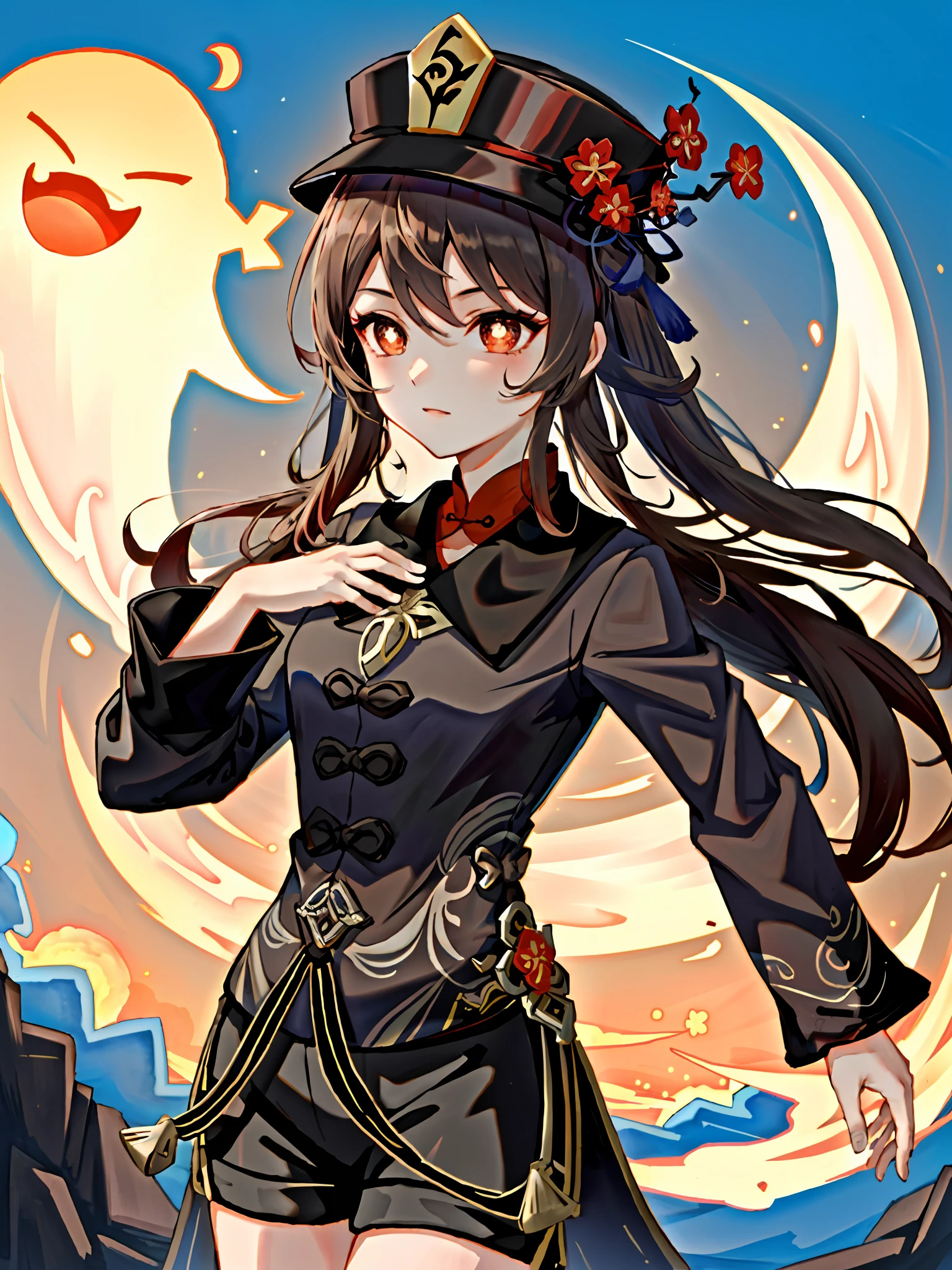 masterpiece, best quality,
1girl, hu tao (genshin impact), boo tao,hat, red eyes, twintails, brown hair, solo, symbol-shaped pupils, long hair,bangs, black shorts , chinese clothes,