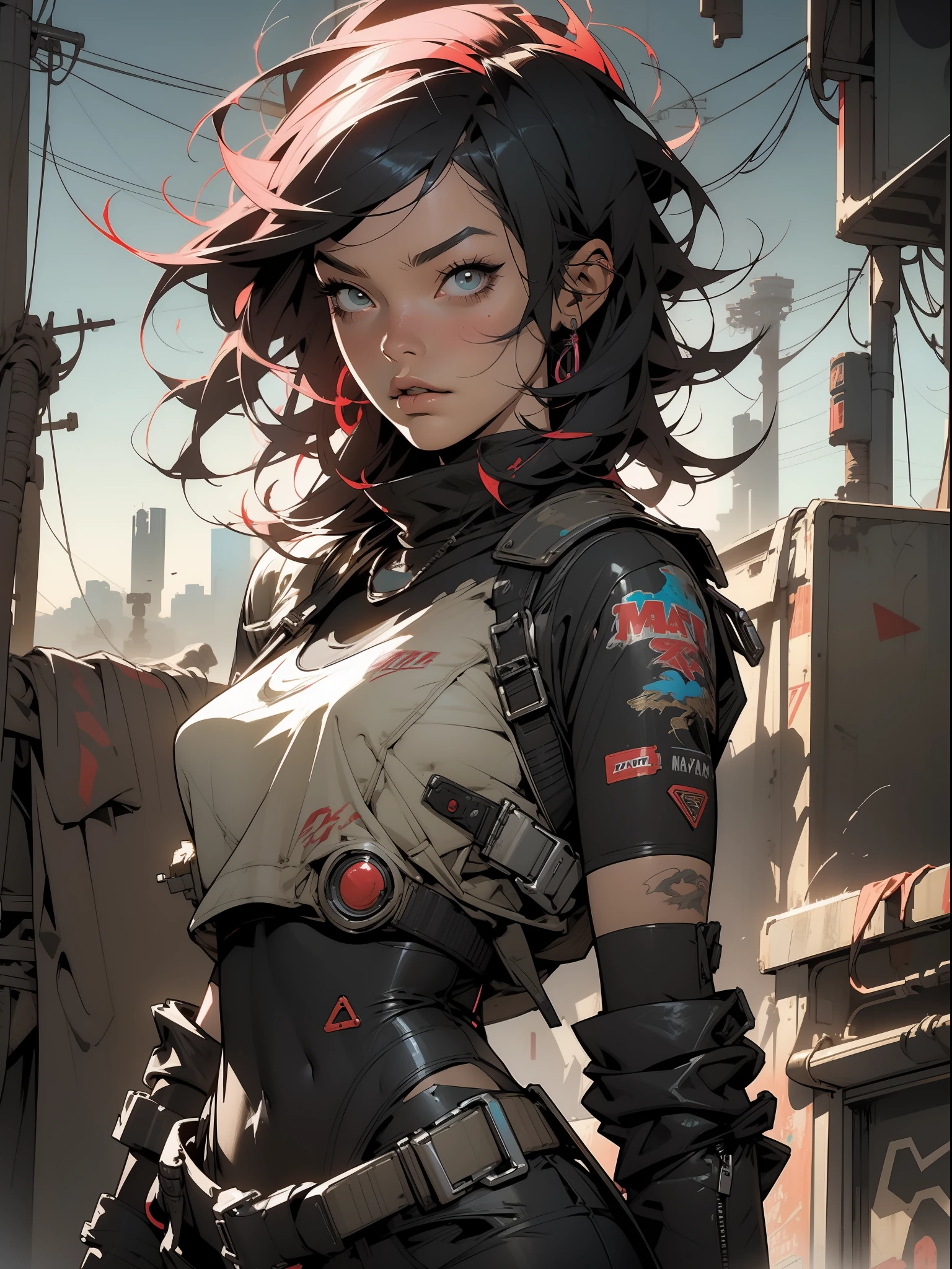 Illustration of a cyberpunk girl with modern clothes, cabelo moicano coloridos no deserto de Mojave, carros estilo mad max rodam ao fundo