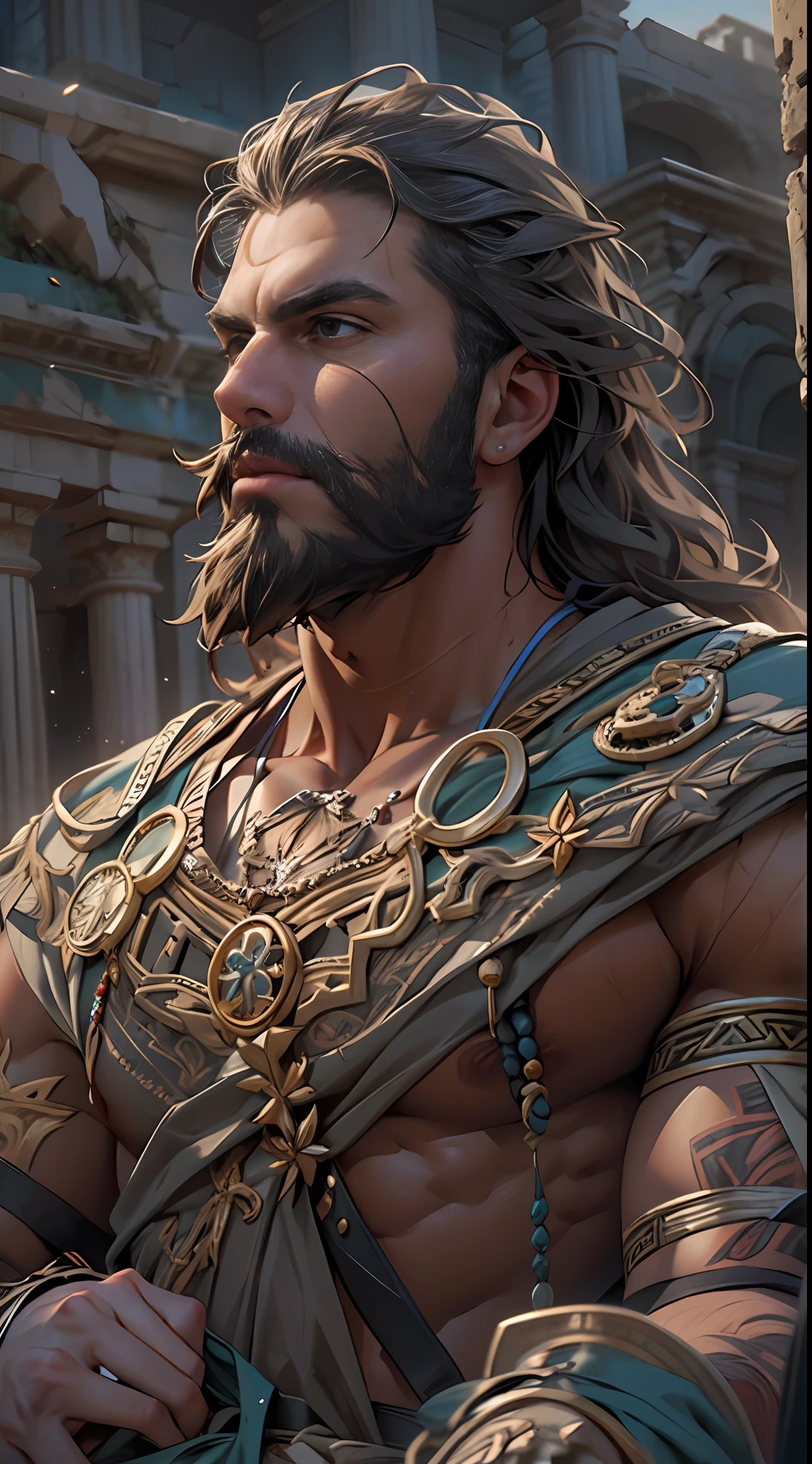 Sculpted hero, upper body uncovered, legs exposed from thighs to feet, bearded with beaded facial hair, luxuriant long curls, intricate muscularity, photorealistic portrayal, 4K resolution. Background: Epic battlefield with ancient ruins.,32k uhd, best quality, masterpiece, super detail, high details