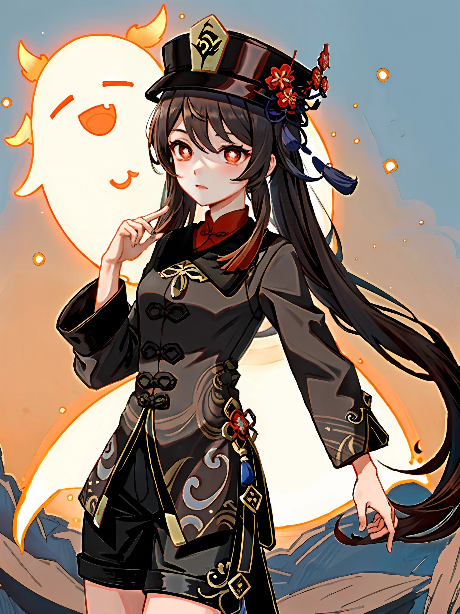 masterpiece, best quality,
1girl, hu tao (genshin impact), boo tao,hat, red eyes, twintails, brown hair, solo, symbol-shaped pupils, long hair,bangs, black shorts , chinese clothes,