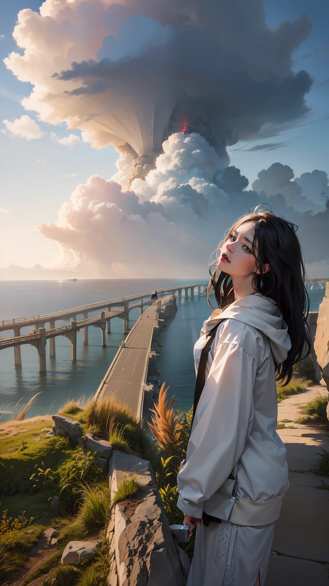 Arad woman standing on a rock overlooking bridges and ocean, haze over the shoulder shot, looking at the distance, Looking into the distance, taken with canon eos 5 d mark iv, # overclocking, taken with canon eos 5 d, #overclocking, inspired by Ma Yuanyu, photo taken with canon 5d, panoramic view of girl