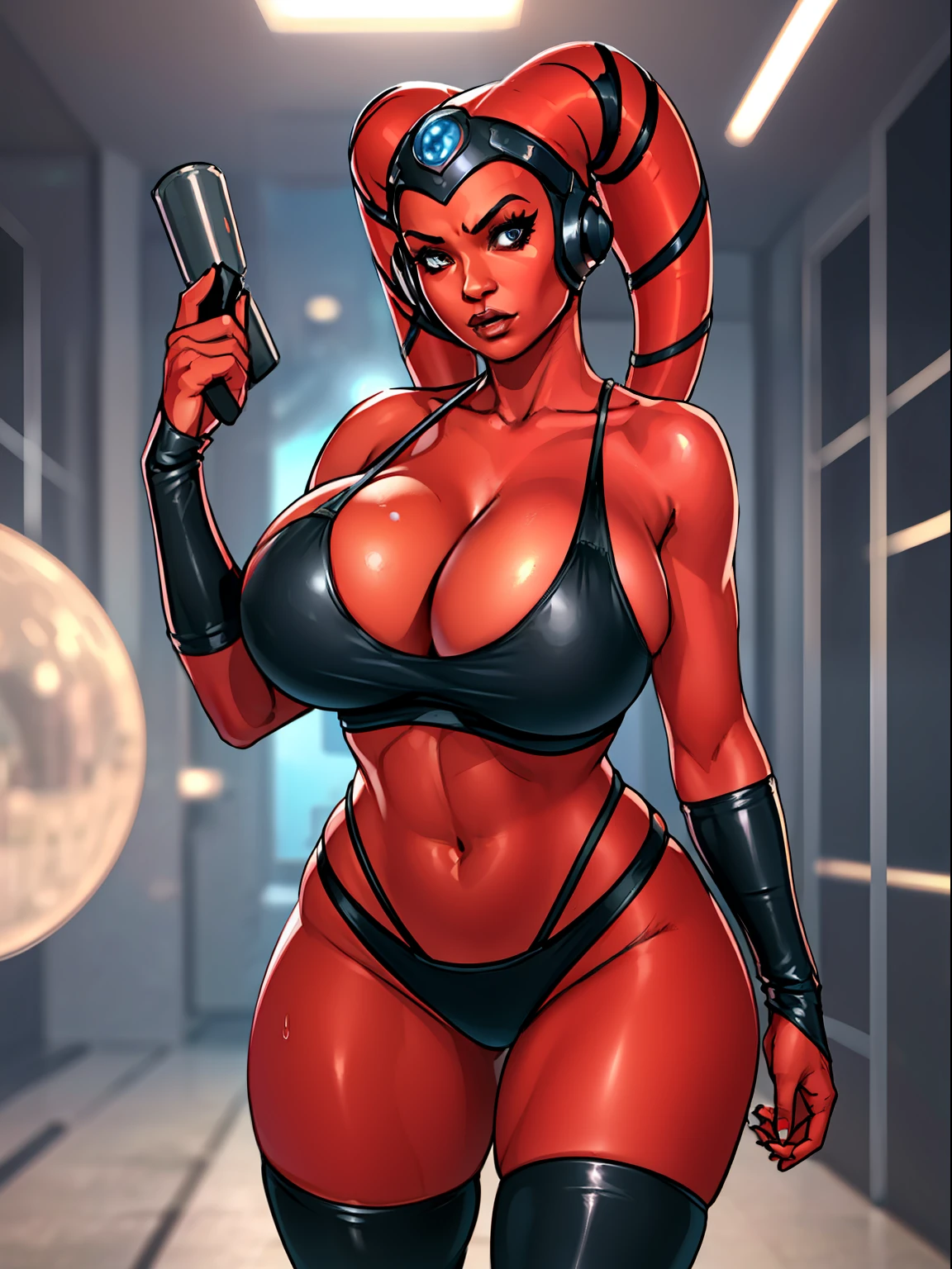1girl, Sexy red Twi'lek with boobs bigger than her head, busty, masterpiece, best quality, high-definition, ((red skin), twi'lek), evil space knight, space ninja, (wearing black tank top, panties, socks, ((busty)), slender body, thin, slim sexy body, slim waist, ((gigantic breasts, huge breasts, overflowing top, cleavage overflow, huge cleavage))), futuristic apartment,, Star Wars,