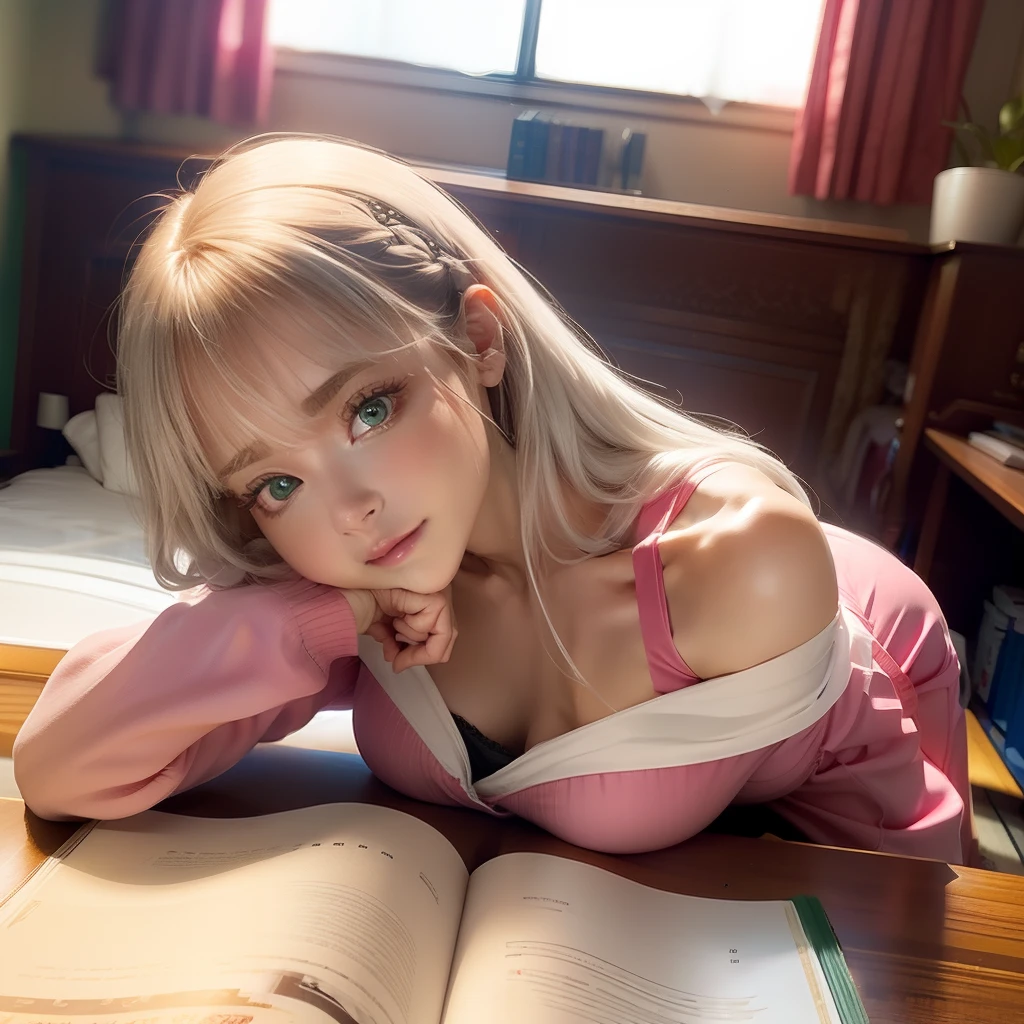 Best quality, Highly detailed, Masterpiece, Ultra-detailed, illustration, 1girll, Solo, Upper body, Beautiful detailed eyes, An extremely delicate and beautiful, Bare shoulders, Long bangs, Messy long hair, Extremely detailed Cg Unity 8K wallpaper, Bright eyes, half closed eyes, looking at viewert, Lens flare, White hair, unbelievable Ridiculous, chair, Bed, curtain, indoor, book, Student, Silver hair, Pink eyes, Green eyes, Medium breasts, school uniform, Sitting, bent over