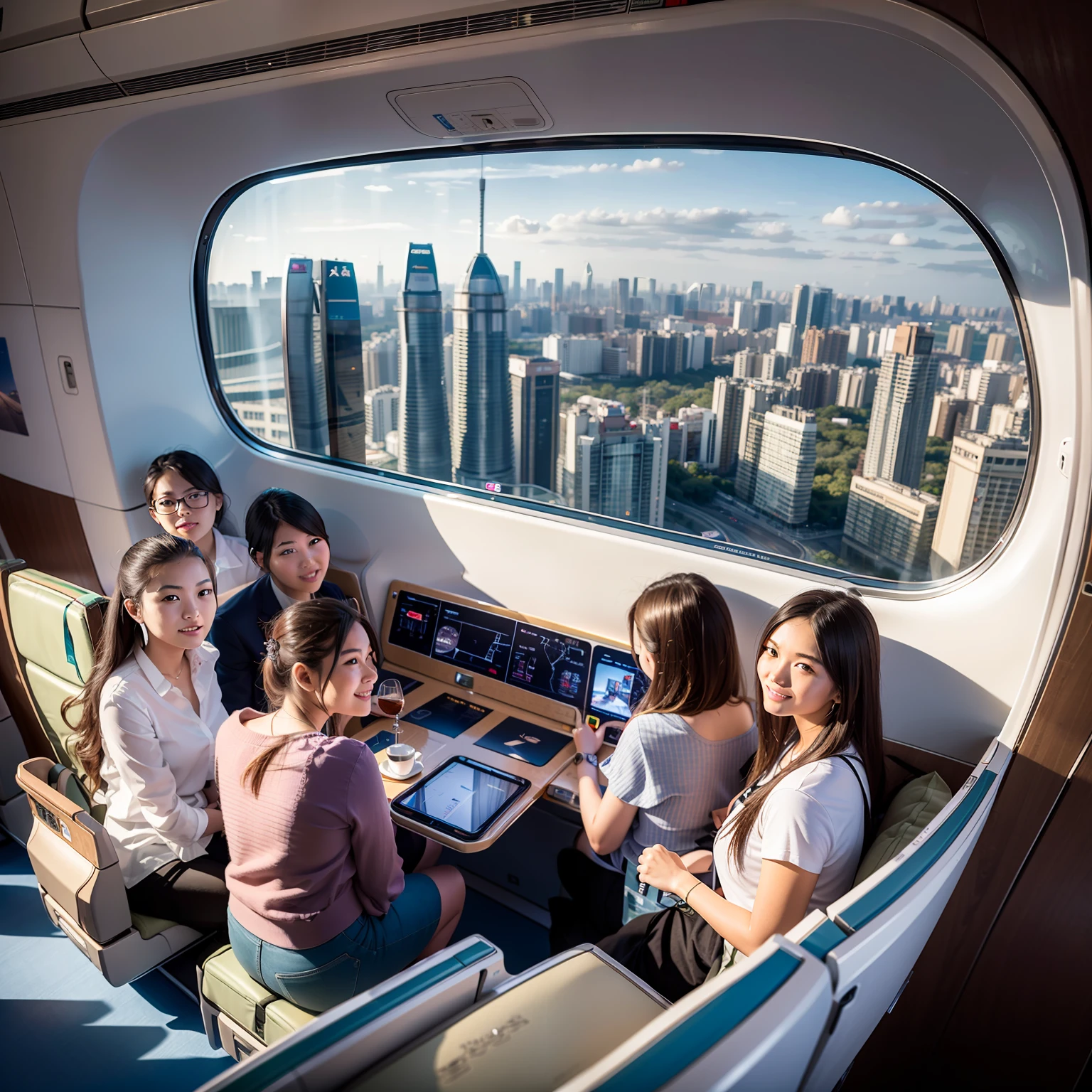 Eight kilometers above sea level，A group of 16-year-old beautiful women sit by the window of a large Airbus A380 aircraft，Bird's eye view of the entire city of Guangzhou