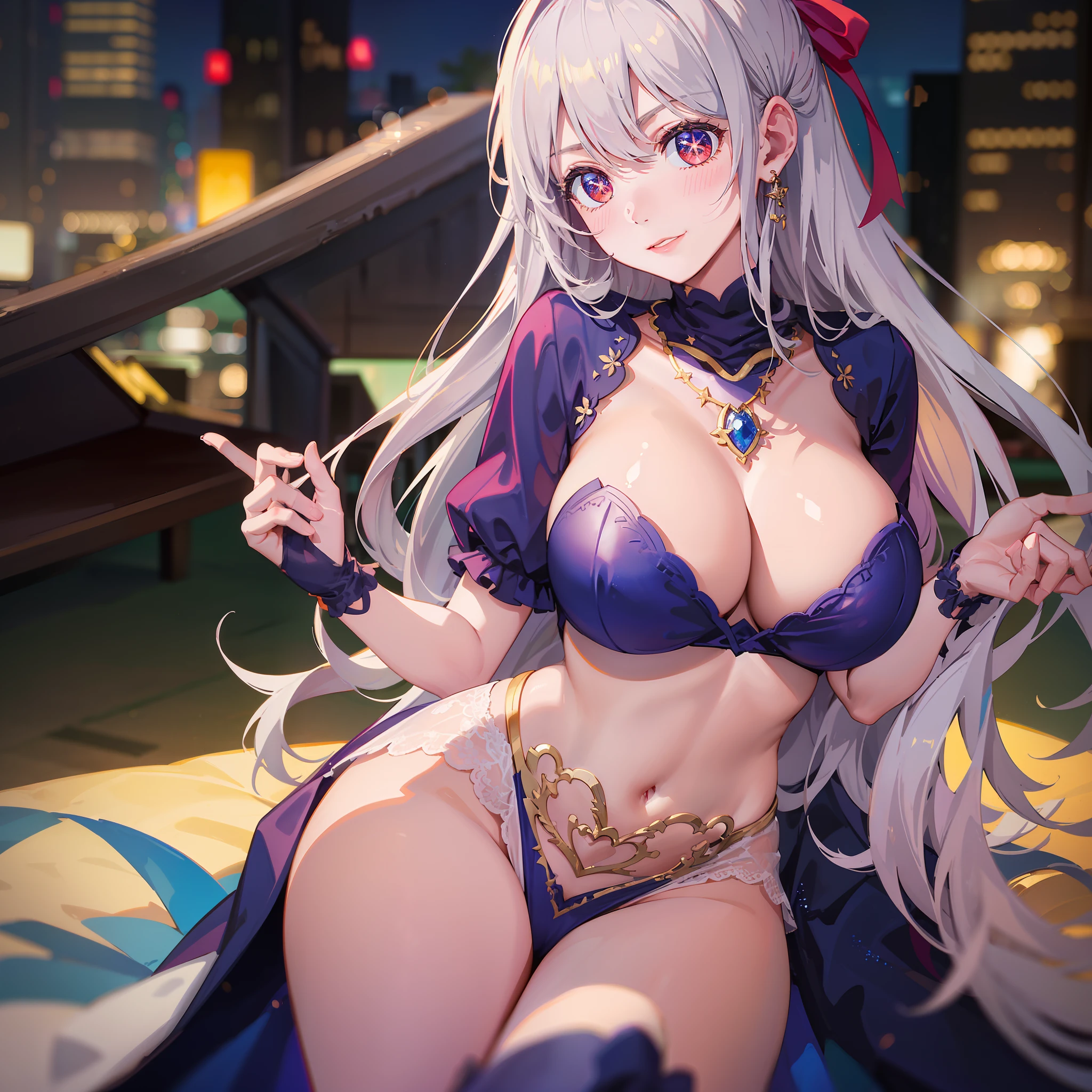 A girl standing in the park at night,Clear sky in the background. Park benches and soft lighting, Rear photo, (Side photography), looking back at the viewer, (Masterpiece), ((Ultra-detailed)), (Highly detailed), (Expressionless), (Best quality: 1.2), 8K, hdr, A high resolution, absurderes: 1.2, Object perspective, Blurred background, Bokeh: 1.1, Lens flare, (vivd colour: 1.2), High quality texture, Detailed texture, High-quality lighting and shadows, a face with perfect proportion, full bodyesbian, Mature and excited body, Detailed skin texture, vibrant, pale and radiant skin, natural saggy breasts, gigantic bosom: 1.5, High waist, Narrow waist: 1.3, Wide hips, Full buttocks, Detailed beautiful face, (PureErosFace_V1:1.3)(Ulzzang-6500:0.4) Detailed beautiful eyes, Symmetrical eyes, Perfect eyes, Seductive eyes, Beautiful nose, High nose, Clear blush, Detailed lips, Earrings, hoop earings, necklace, jewelry, Sapphire heart necklace, Silver-toned high-heeled sandals, Seductive expression, Smile, Perfect hands, Delicate and beautiful fingers, Detailed beautiful legs, photo-realistic hair, detailed hairs, (Silver dress, Red dress, Blue dress), Chisato Nishiki, Long hair, Blonde hair, (Red eyes: 1.5), Hair ribbon, Bob cut, Red hair ribbon,),gigantic cleavage breasts,Japan goddess,