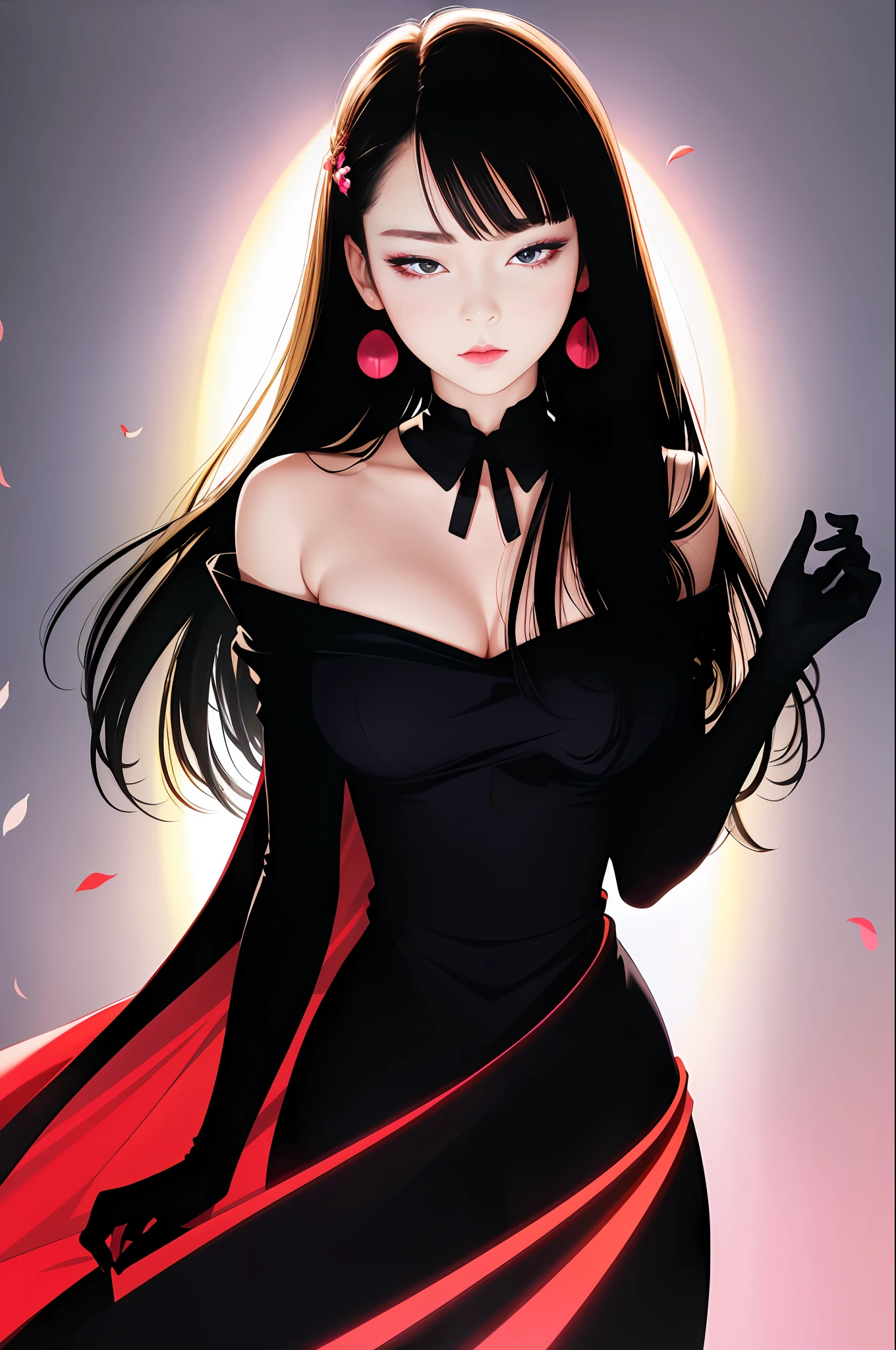 tsuruta ichiro, Narrow-eyed, 1girl in, Allback、shorth hair、brow、Reluctance、A dark-haired、Tucked Hair Solo, Cowgirl, Onepiece, ((mideum breasts)), Thin slit eyes、black eyes, Light shines on the eyes、Black hair, gloves, Dress, Luxurious Jewelry, earrings, sharp eye、 elbow groves,Raise your hands and tie your hair back, random color, random color dress, Makeup for long eyes, Slender eyes、lip stick, Complex petal pattern, Rim Light, Back Light, pastel color,