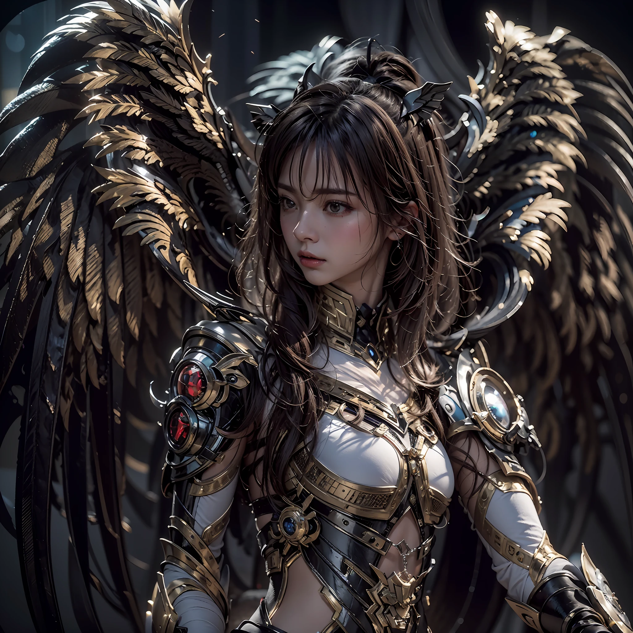 1girll，Dark Angel Warrior，(((On the back there is a pair of large black half-body wings)))，Black titanium，metal wings，（（Metal wings）），（（Black gold metal armor）），high detal，（beautifulface），Perfect facial features，red tinted hair，Black and gold greatsword，Futuristic technical background，apathy、Aloof、On the high horse，atmospurate、macro，Realistis，hdr（HighDynamicRange）、Ray traching、NVIDIA RTX、Hyper-Resolution、illusory 5、sub surface scattering、post-proces、Anisotropy Filtering、depth of fields、maximum definition and sharpness，Surface Coloring、Accurately simulate light-material interactions、perfectly proportions、rendering by octane、largeaperture、Low ISO、White balance、the rule of thirds、8K raw data、lightand shade contrast