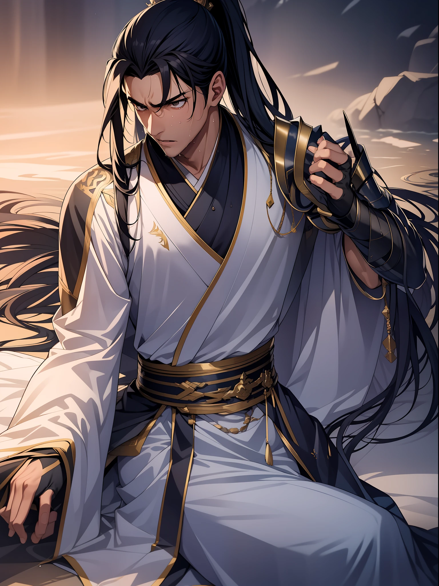 quadratic element,style of anime,1 man(Male Warrior),musculature,The proportions are correct,Face details,swordsmen,High ponytail hairstyle,perspired,Sweat on the face,drools,Neck details,There is an Adam's apple,Get wet,Drenched,Black Hanfu,kaftan,Embroidered robes,Black robe,clothes details,Handing over,longer sleeves,Game quality,Swordsmanship,Light and shadow tracking,Ray traching,detailed glow,cg render,hair detail,cabelos preto e longos,Golden eyes,Sweat on the face,Handsome,Handsome,Beads of sweat slipped down my neck,(juvenile sense),Clothing is complicated,Drenched,Get wet,Perfectcomposition,Refinement,high qulity,higher details,Lots of details,The background is complex,a sense of atmosphere,