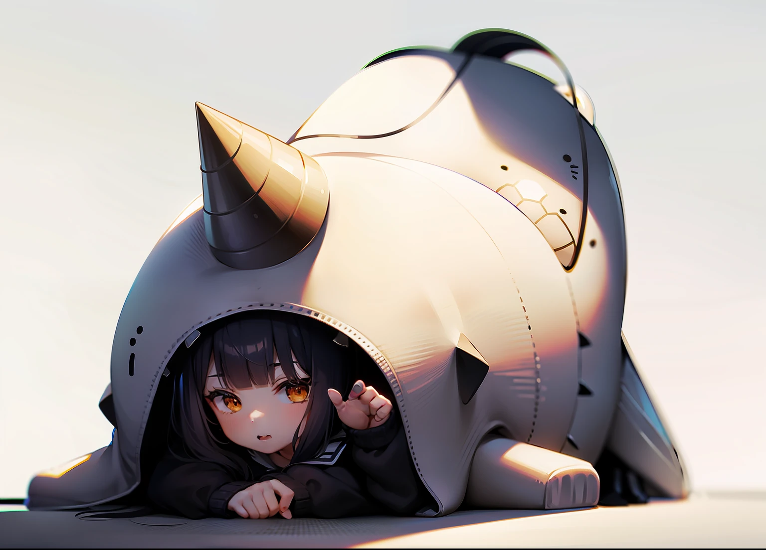 Narwhal crawls on the ground, Girl's face, Bored expression,White background,Yellow horns,