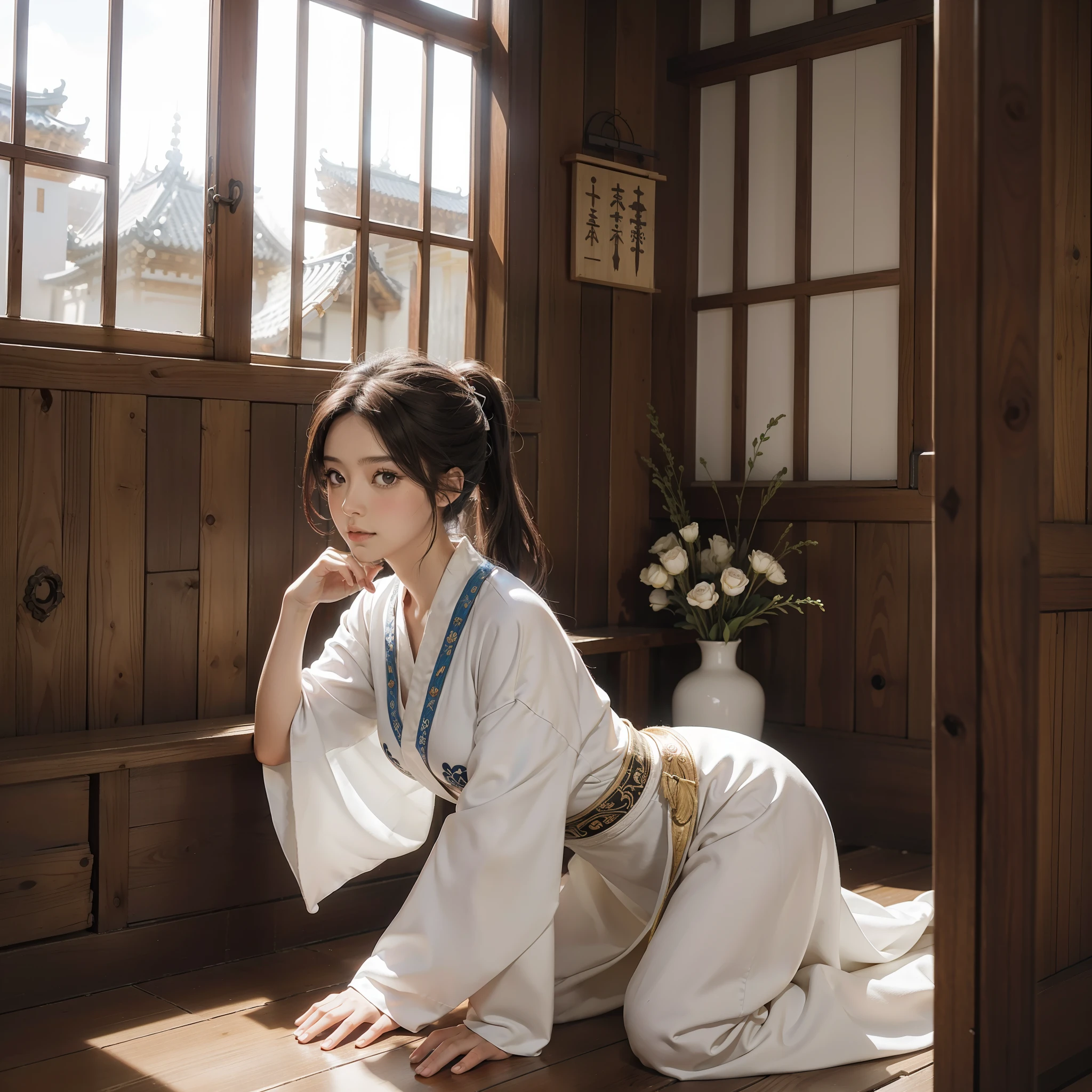 una mujer hermosa cabello ponytail estudiando en un templo japones, con vestido blanco medieval muy hermosa el sol le da en el rostro iluminando sus hermosos ojos morados rojos, su hermoso cabello tan largo que llega al suelo, profundida selestial, templo de oracion subrealista con colores nitidos, todo muy detallado, ventanas grandes de madera, luz solar entradon por todas las ventanas, piso de alfombra roja, pilares que sostienen el templo, pilares muy altos, en el primer piso mesas de madera para leer tipo medieval, muchos estantes de libros en el segundo piso, con mas ventabas muy grandes abiertas de madera dejando pasar los rayos del sol, flor de cerezo