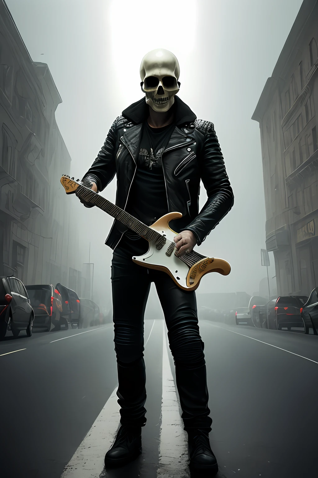 ((best quality)), ((masterpiece)), ((realistic)), (detailed), (Man with skull instead of a head:1.2), ((playing the electric stratocaster guitar)), (wearing the black leather jacket), flames, (metalhead, rock and roll), detailed digital art, trending on artstation, concept art, unreal engine, hyper detailed, volumetric light, moody cinematic epic concept art, realistic matte painting, cinematic epic, insanely detailed, , ((masterpiece)), absurdres, HDR