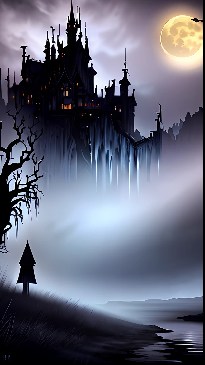 Dark and ominous fantasy landscape,Features haunted and abandoned castles,Twisted vines,Spooky ghosts and ominous atmosphere,creating a sense of mystery and intrigue,A gap in the dark clouds reveals the moon,Artistically,digital illustrations,highly detailed,Uptrend,deep colour