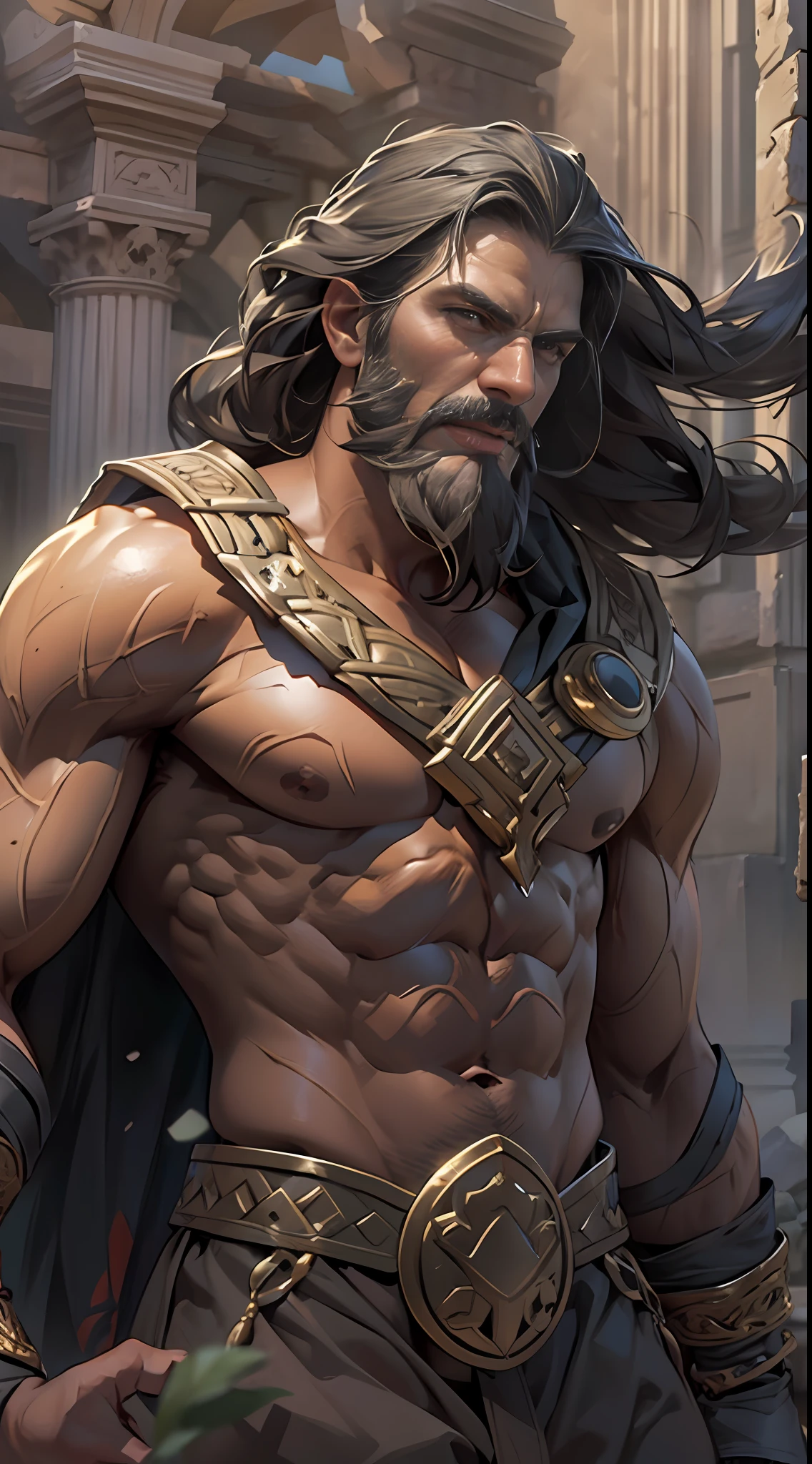 Sculpted hero, upper body uncovered, legs exposed from thighs to feet, bearded with beaded facial hair, luxuriant long curls, intricate muscularity, photorealistic portrayal, 4K resolution. Background: Epic battlefield with ancient ruins.,32k uhd, best quality, masterpiece, super detail, high details
