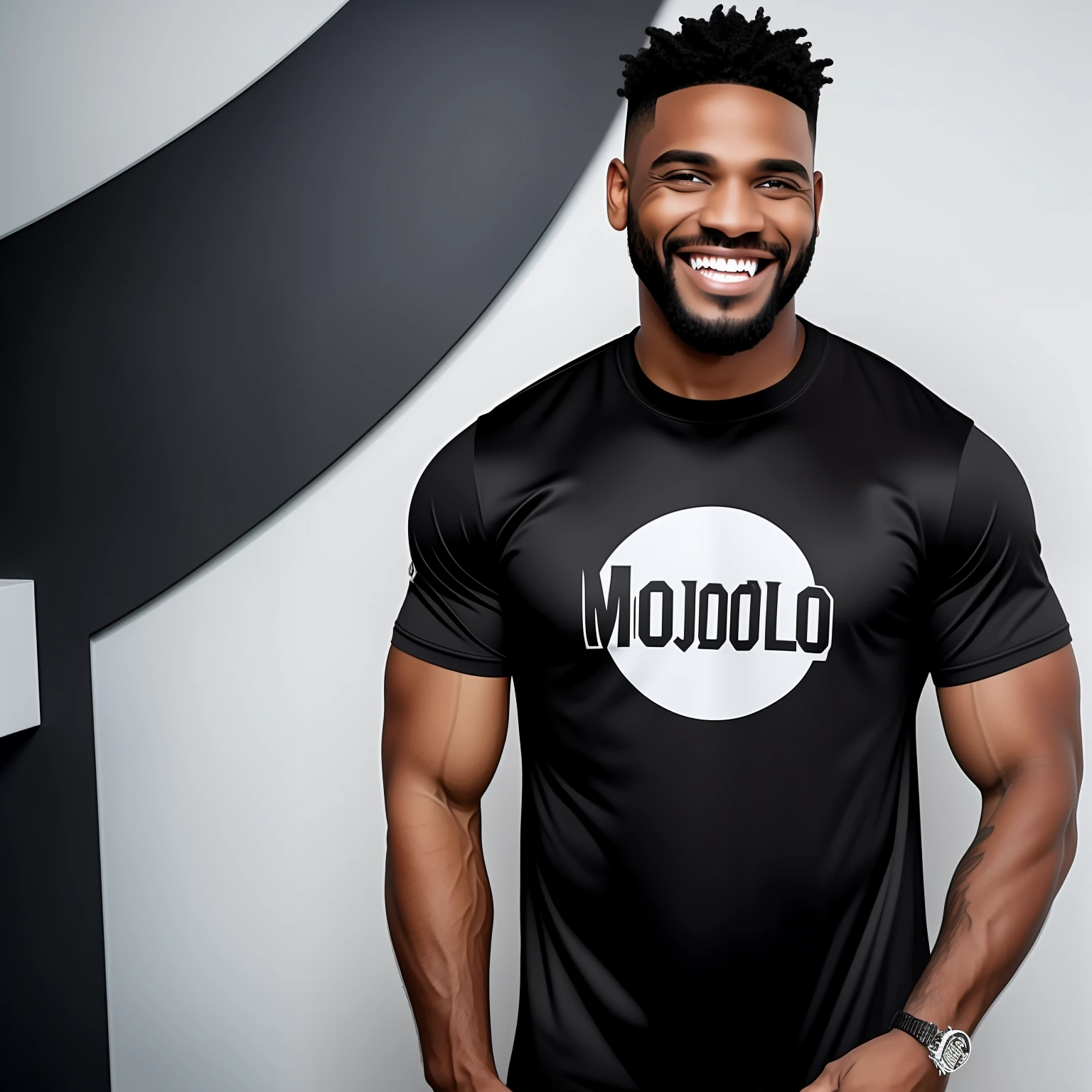 modelo negro realista feliz com uma camiseta preta sorrindo com amigos
