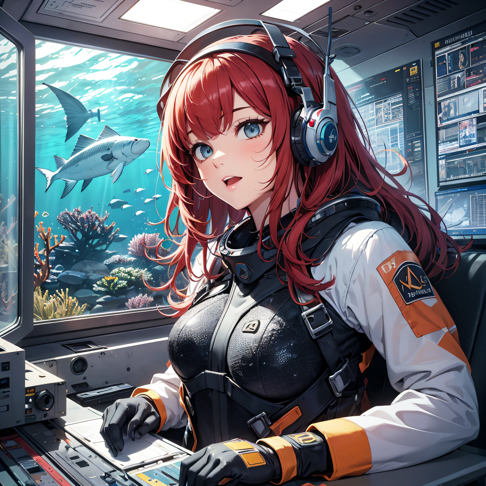 Ridiculous resolution，A high resolution，（tmasterpiece：1.4），Hyper-detailing，1 young woman，pelo rojo corto，pilotsuit，Rich princess，Sitting in an extremely narrow and enclosed mech control room，Operate the mech pole，Outside the window is the underwater world，The expression is excited，In the deep sea