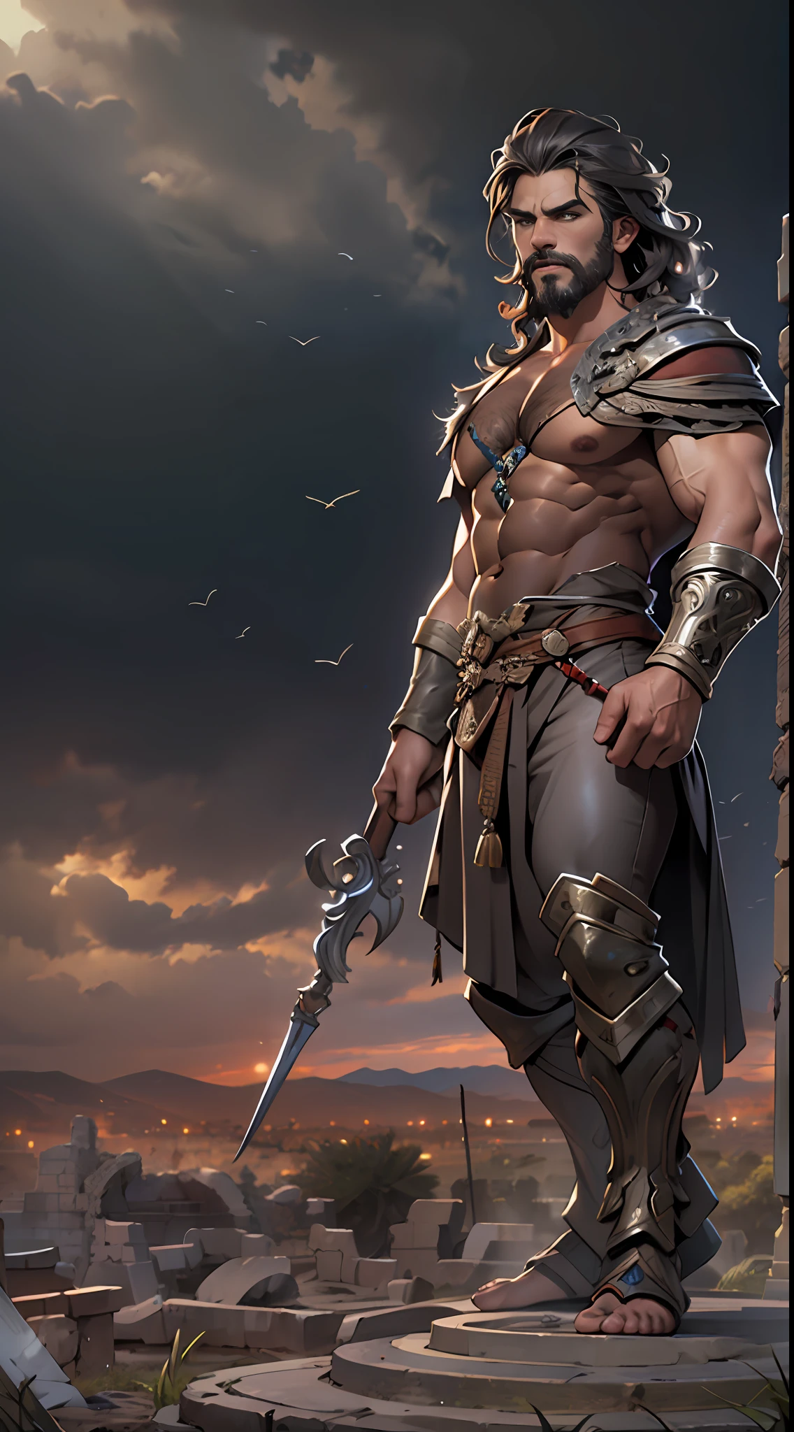 Sculpted hero, upper body uncovered, legs exposed from thighs to feet, bearded with beaded facial hair, luxuriant long curls, intricate muscularity, photorealistic portrayal, 4K resolution. Background: Epic battlefield with ancient ruins.,32k uhd, best quality, masterpiece, super detail, high details