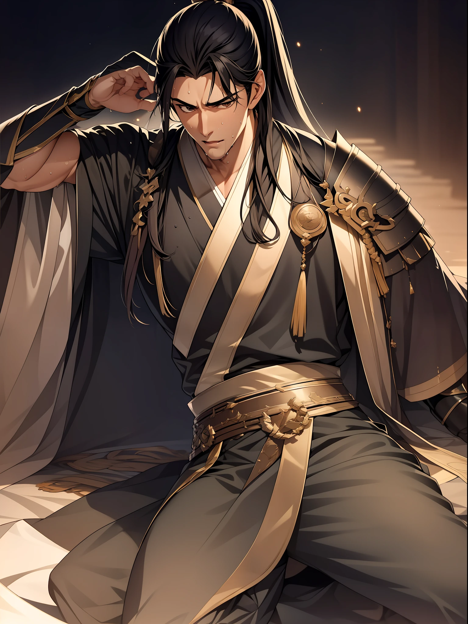 quadratic element，style of anime，1 man（Male Warrior），musculature，The proportions are correct，Face details，swordsmen，High ponytail hairstyle，perspired，Sweat on the face，drools，Neck details，There is an Adam's apple，Get wet，Drenched，Black Hanfu，kaftan，Embroidered robes，Black robe，clothes details，Handing over，longer sleeves，Game quality，Swordsmanship，Light and shadow tracking，Ray traching，detailed glow，cg render，hair detail，cabelos preto e longos，Golden eyes，Sweat on the face，Handsome，Handsome，Beads of sweat slipped down my neck，（juvenile sense），Clothing is complicated，Drenched，Get wet，Perfectcomposition，Refinement，high qulity，higher details，Lots of details，The background is complex，a sense of atmosphere，