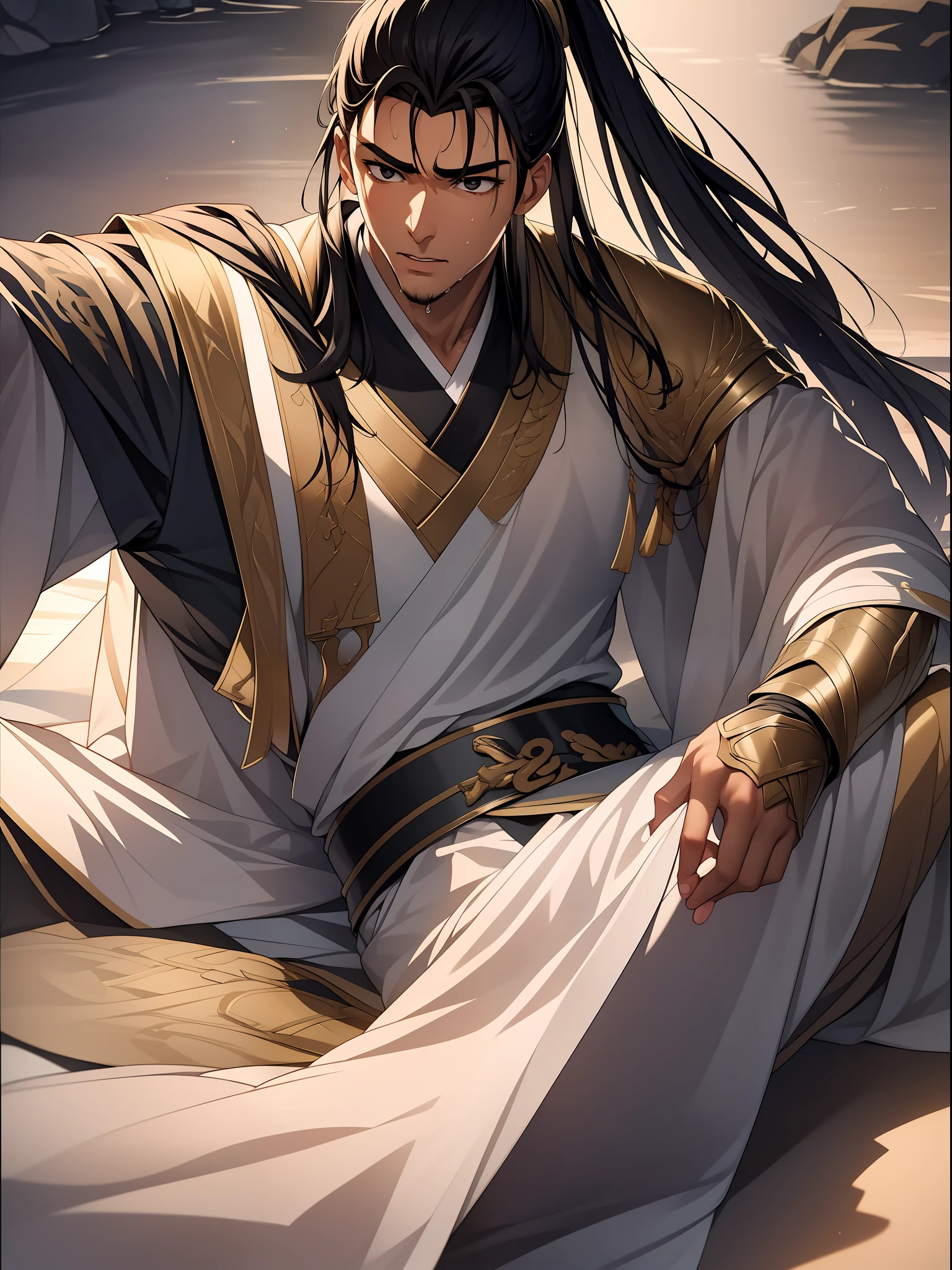 quadratic element,style of anime,1 man(Male Warrior),musculature,The proportions are correct,Face details,swordsmen,High ponytail hairstyle,perspired,Sweat on the face,drools,Neck details,There is an Adam's apple,Get wet,Drenched,Black Hanfu,kaftan,Embroidered robes,Black robe,clothes details,Handing over,longer sleeves,Game quality,Swordsmanship,Light and shadow tracking,Ray traching,detailed glow,cg render,hair detail,cabelos preto e longos,Golden eyes,Sweat on the face,Handsome,Handsome,Beads of sweat slipped down my neck,(juvenile sense),Clothing is complicated,Drenched,Get wet,Perfectcomposition,Refinement,high qulity,higher details,Lots of details,The background is complex,a sense of atmosphere,
