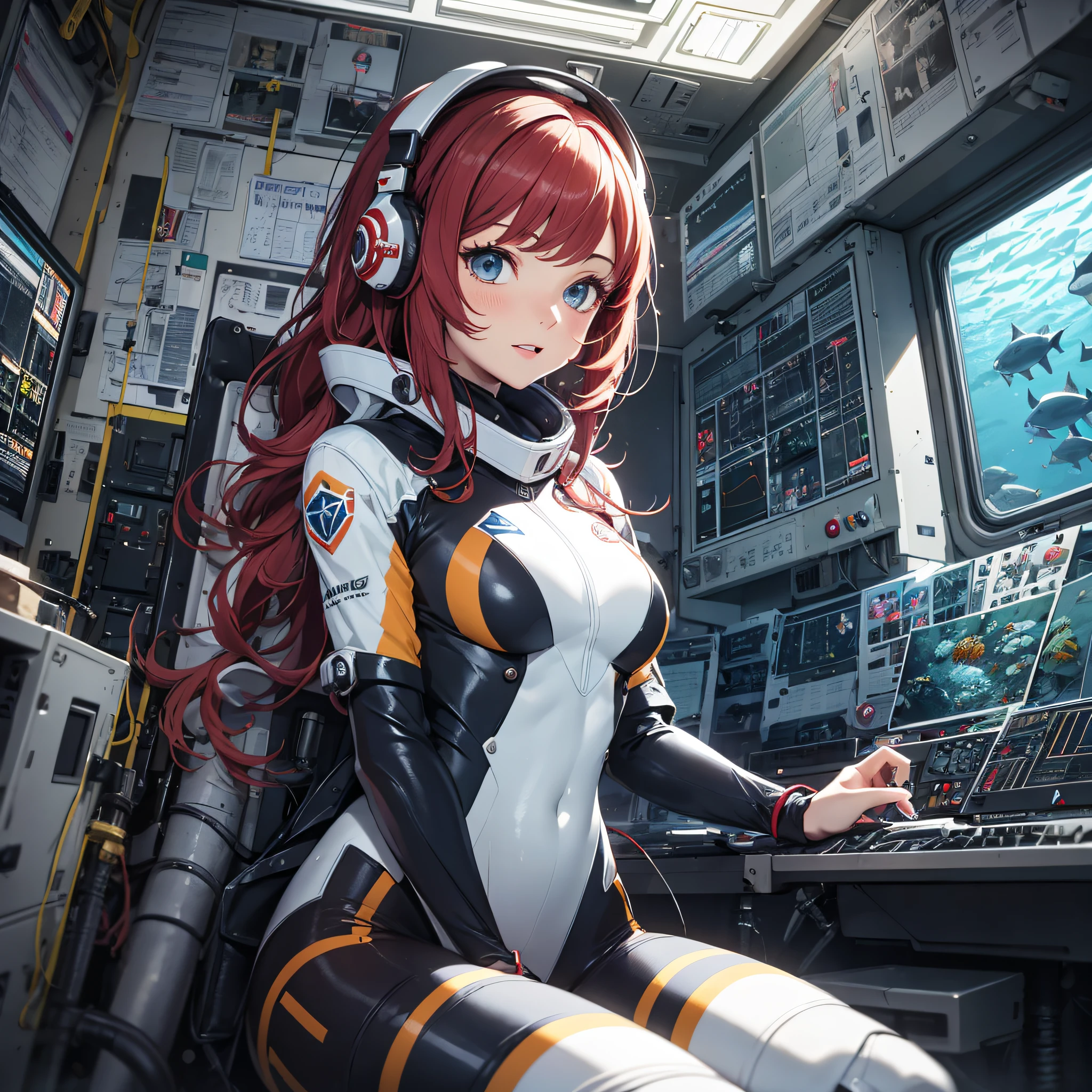 Ridiculous resolution,A high resolution,(tmasterpiece:1.4),Hyper-detailing,1 young woman,pelo rojo corto,pilotsuit,Rich princess,Sitting in an extremely narrow and enclosed mech control room,Operate the mech pole,Outside the window is the underwater world,The expression is excited,In the deep sea