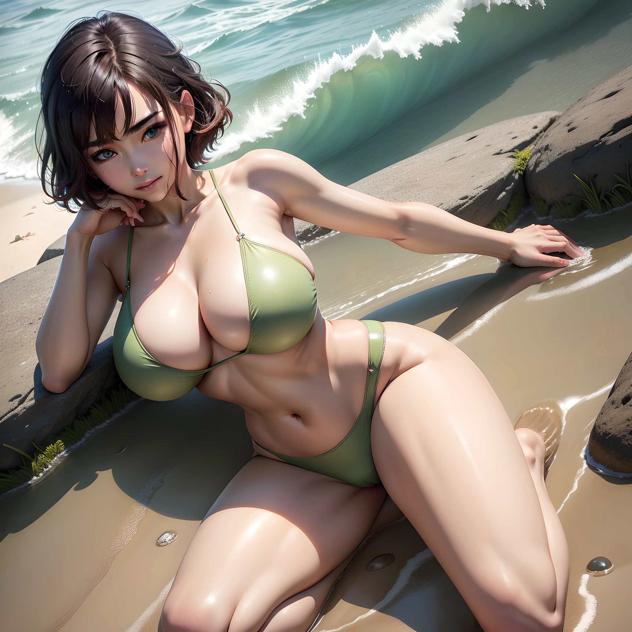 (8K, Best quality, tmasterpiece:1.2), (Realistic, photo-realistic:1.37), ultra - detailed, adolable, (ssmile:1.15), Big breasts beautiful meticulous eyes, natta, dampness, Sateen, (short detailed hair:1.2), Floating NovaFrogStyle, Best quality， An Asian girl， tmasterpiece， highly  detailed， hyper realisitc， 21 years old， big breasts beautiful， 年轻，full bodyesbian， Pale green underwear，red tinted hair，Bob Hairstyles，eBlue eyes，There is light in the eyes，largeeyes，Willow eyebrows，The light and shadows are realistic，There are water droplets on the body，Large breasts，Vulvar shape，Get wet， Elegant body shape，Optimal proportions for the whole body，Raised sexy，Beach by the sea，Kneeling position，legs are open，Open your legs，Seductive smile，gazing at the camera。