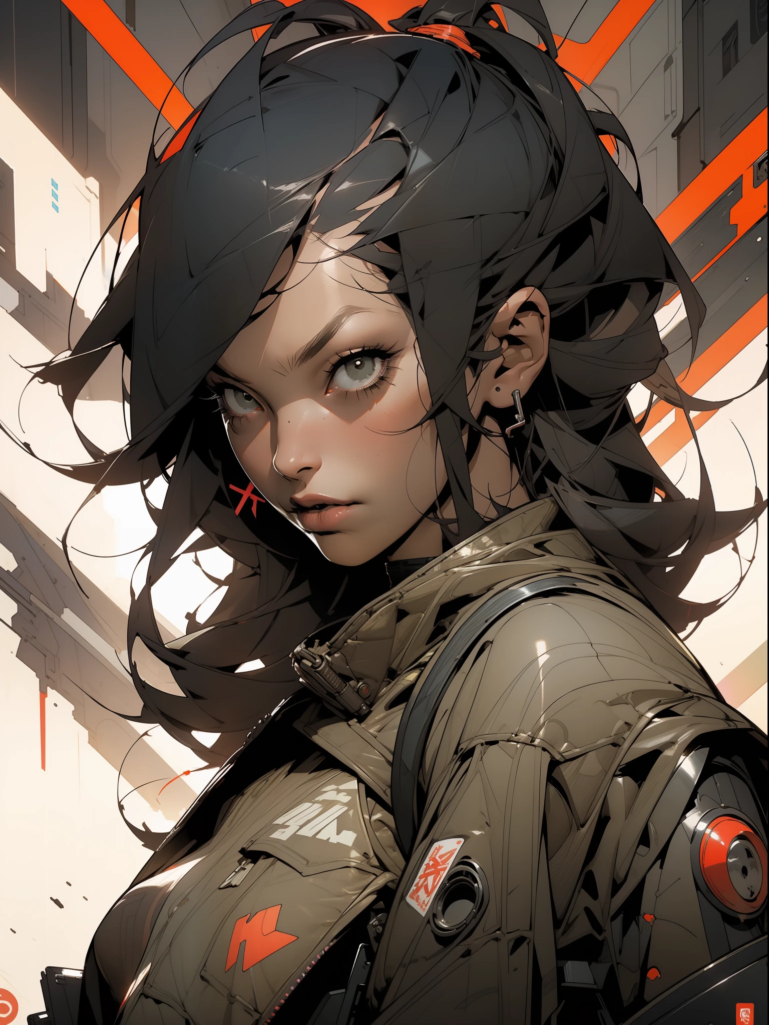 Illustration of a cyberpunk girl with modern clothes, cabelo moicano coloridos no deserto de Mojave, carros estilo mad max rodam ao fundo
