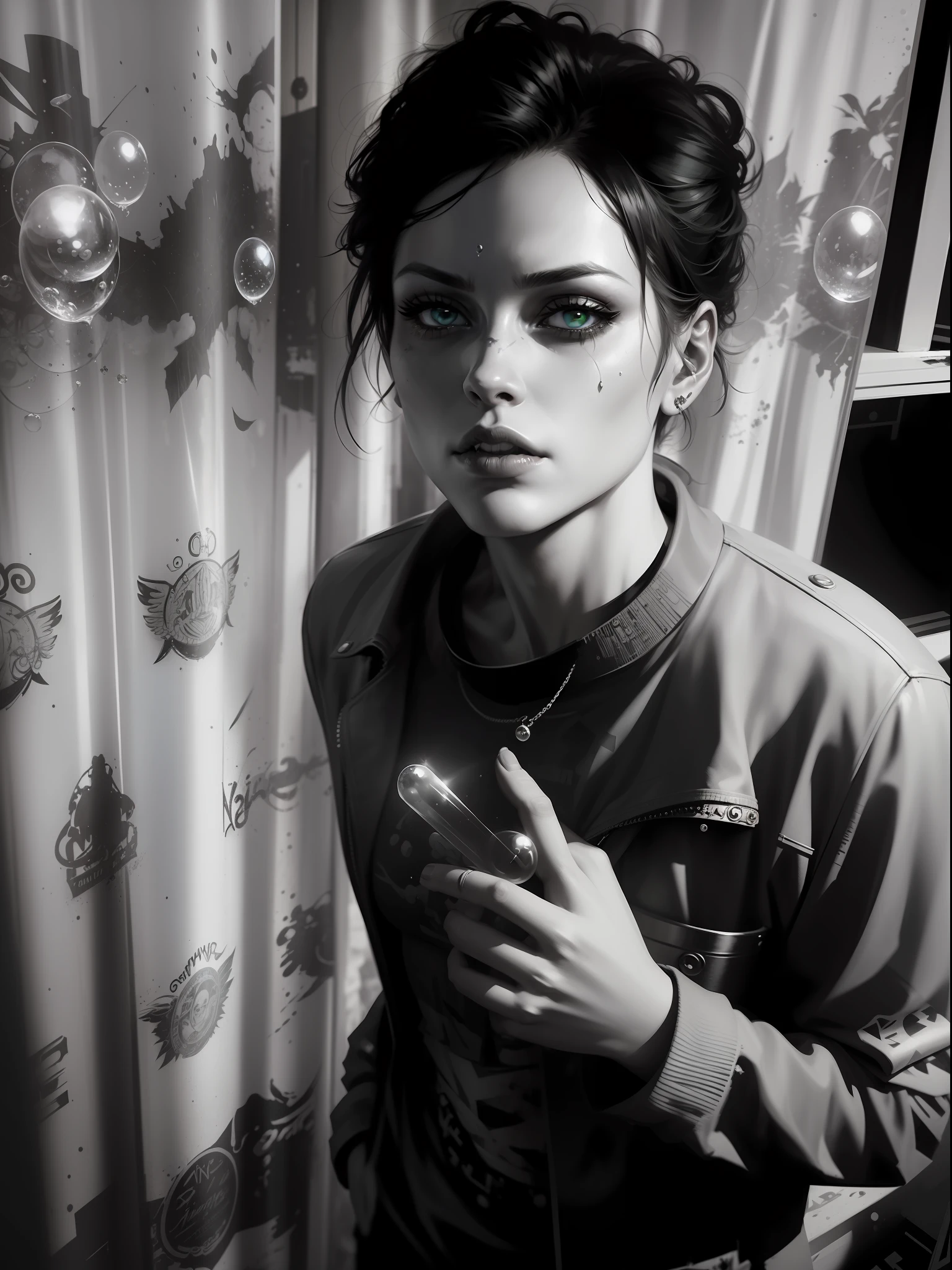 NTHWVE-STYLE NINKPUNK DRUNKEN BEAUTY AS SANDMAN'S DELIRIUM, (hallucinating colorful soap bubbles), author:Jeremy Mann, by Sandra Chevrier, author:Dave McKean、Richard Avedon and Maciej Kuciara。, Punk rock, Tank girl, high detal, 8K, A style that dies with style