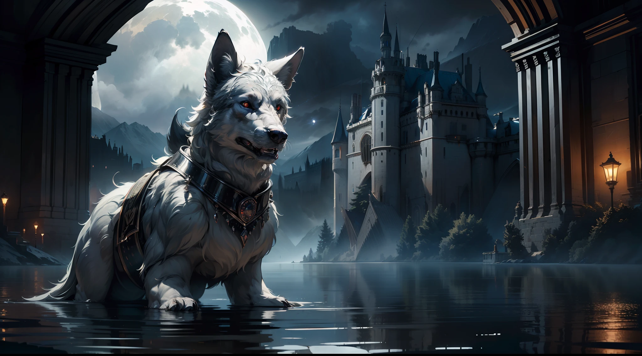 arafed, high details, best quality, 8k, [ultra detailed], masterpiece, best quality, (extremely detailed), dynamic angle, ultra wide shot, RAW, photorealistic, a picture of a wolf howling in front of a dark castle at night in the middle of a lightnning storm, [[lightninng storm]] (1.5 intricate details, Masterpiece, best quality) moon light, lake ( (1.5 intricate details, Masterpiece, best quality), big grey wolf (1.5 intricate details, Masterpiece, best quality) red eyes, glowing eyes (1.5 intricate details, Masterpiece, best quality),  castle reflection in lake  (1.5 intricate details, Masterpiece, best quality), dynamic angle, (1.4 intricate details, Masterpiece, best quality) 3D rendering, high details, best quality, highres, ultra wide angle