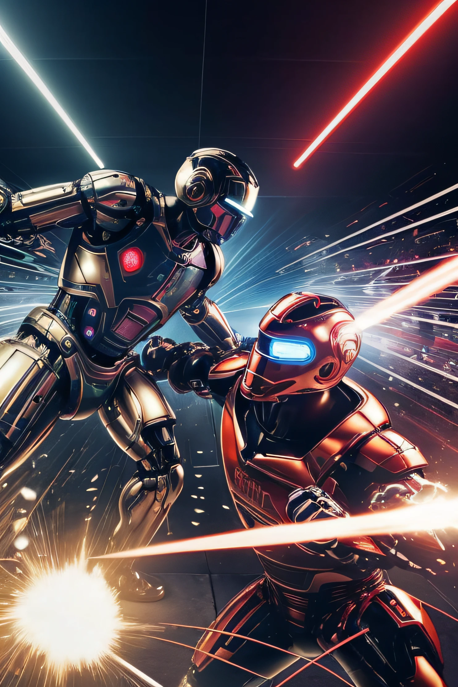 (masterpiece, high resolution, energetic:1.2), 1middle aged man vs 1android, man boxing fighting against ( Chrome killer android hajime-sorayama-style robot).(1 robot ware iron mask face and hand glow red eyes 0 look ruthless). gynoid, pastel colors, neotech, sleek, photo of a cyborg, white android (upper body)(high detailed skin:0.8), Ray Tracing, hyper realistic, dramatic, 8k uhd, dslr, soft lighting, high quality, film grain, Fujifilm XT3 will face each other and look at each other as if they would fight. Boxer and the robot will raise your fists, Man hands put on mittens, the robot's hands don't have to.( spotlight boxing ring red spot light And glow with fire background):effect spark,(smoke effects creating a sense of mystery boxing ring :1.1)hajime-sorayama-style chrome elderly+++ (Eleanor Roosevelt)++ robot withLora(n47-v1-hajime-sorayama-style,0.25)(n47-v1-hajime-sorayama-style,0.25)
dynamic composition. superrealism. (smoke effects creating a sense of mystery:1.1), (upbeat music energizing the crowd:1.2), (crowded dancefloor with energetic clubbers:1.1), (thumping bass reverberating through the venue:1.2), a moment of exhilarating movement, captivating visual composition.