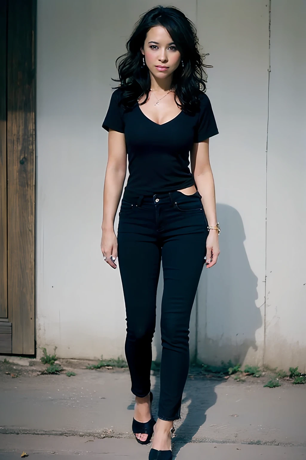 A stunning intricate full color portrait of (sks woman:1),wearing a black t-shirt full body length, round neck plain Tee-shirt, perfect thighs, perfect legs, heels, skinny torn jeans, dark makeup, black hair's, walking style, epic character composition, by ilya kuvshinov, alessio albi, nina masic, sharp focus, natural lighting, subsurface scattering, f2, 35mm, film grain,