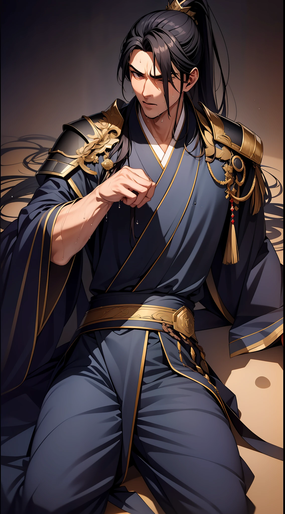 (tmasterpiece,full body shot of,intricate raw photography)quadratic element,style of anime,1 man(Male Warrior),musculature,The proportions are correct,Face details,swordsmen,High ponytail hairstyle,perspired,Sweat on the face,drools,Neck details,There is an Adam's apple,Get wet,Drenched,Black Hanfu,kaftan,Embroidered robes,Black robe,clothes details,Handing over,longer sleeves,Game quality,Swordsmanship,Light and shadow tracking,Ray traching,detailed glow,cg render,hair detail,cabelos preto e longos,Golden eyes,Sweat on the face,Handsome,Handsome,Beads of sweat slipped down my neck,(juvenile sense),Clothing is complicated,Drenched,Get wet,Perfectcomposition,Refinement,high qulity,higher details,Lots of details,The background is complex,a sense of atmosphere,