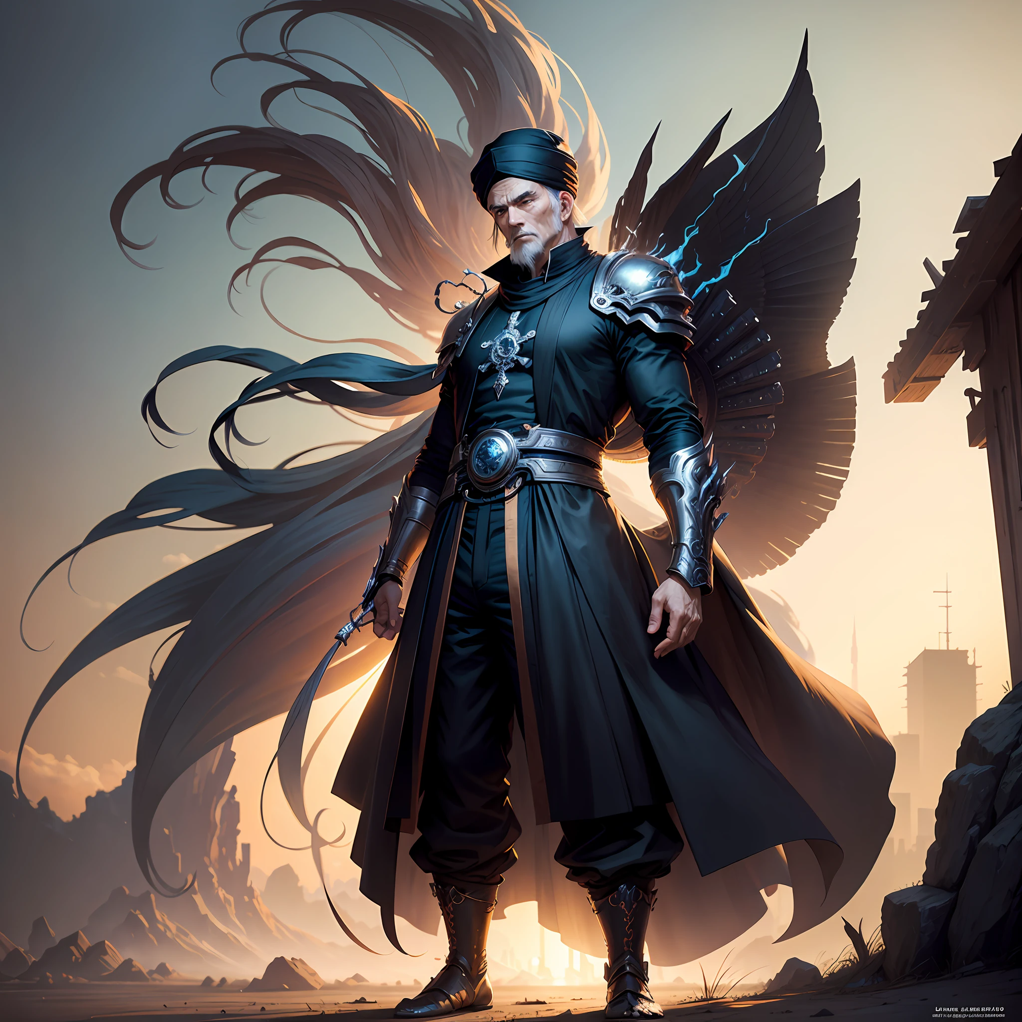 Systemic2D Anime、animesque、Very Beautiful Western Male Monk, 2 D Anime, Stylish turban on the head. Old man in prayer pose ,Ghibli Anime、 ultra-detailliert, Natural light, heavy wind, High quality, Beautiful face, Engulfed in silver flames, standing on the grass,Complex cyberpunk makeup, Art by Android Jones,、Full body shot、Tips of the feet