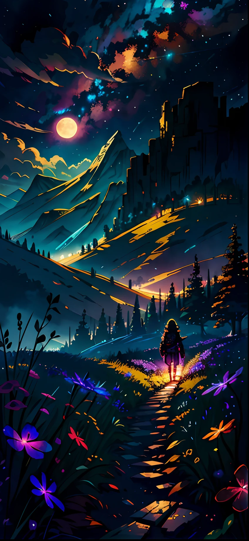 expansive landscape photograph , (a view from below that shows sky above and open field below), a girl standing on flower field looking up, (full moon:1.2), ( shooting stars:0.9), (nebula:1.3), distant mountain, tree BREAK
production art, (warm light source:1.2), (Firefly:1.2), lamp, lot of purple and orange, intricate details, volumetric lighting BREAK
(masterpiece:1.2), (best quality), 4k, ultra-detailed, (dynamic composition:1.4), highly detailed, colorful details,( iridescent colors:1.2), (glowing lighting, atmospheric lighting), dreamy, magical, (solo:1.2)